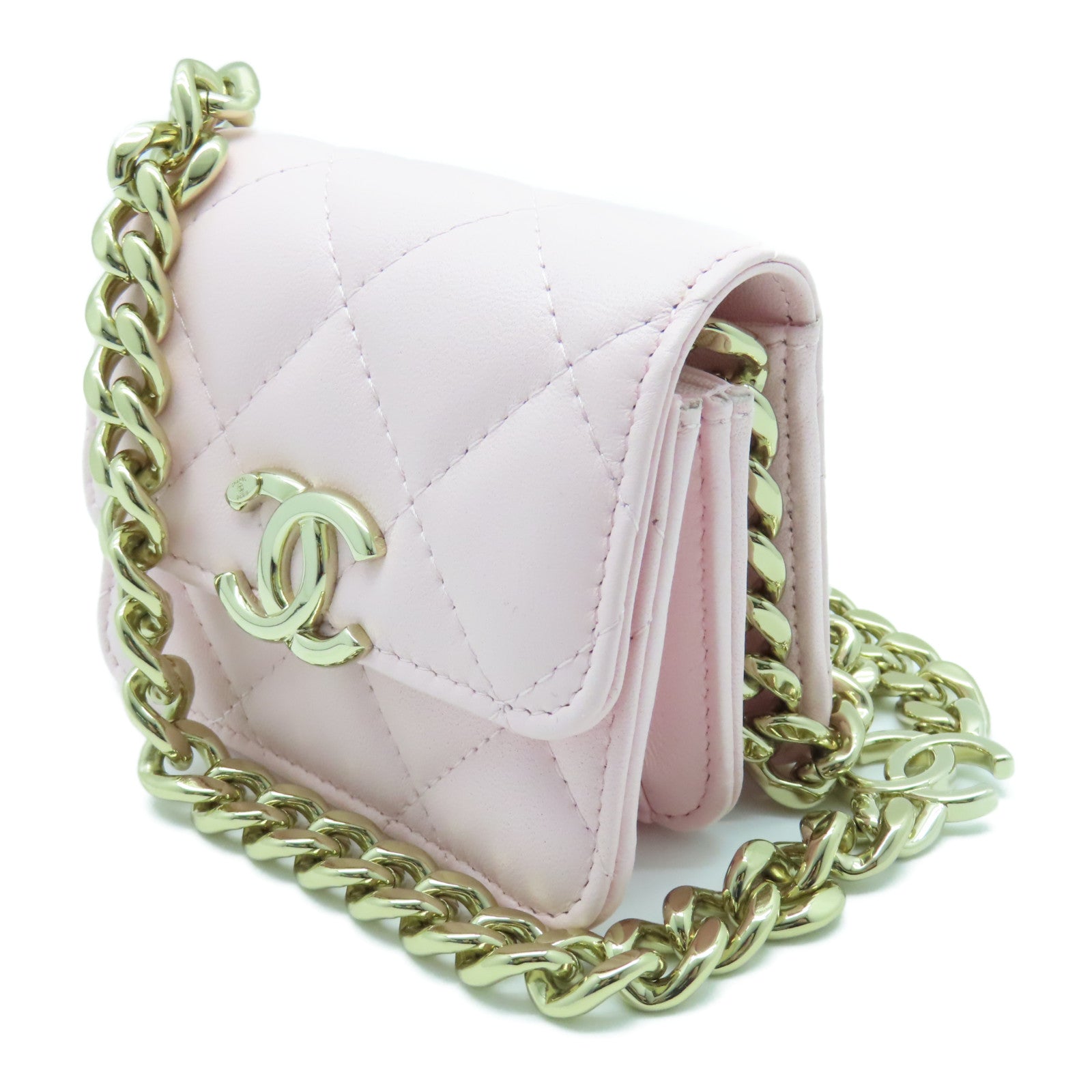 CHANEL 菱格羊皮皮革Chain Shoulder Bag金扣链带肩背袋粉红色