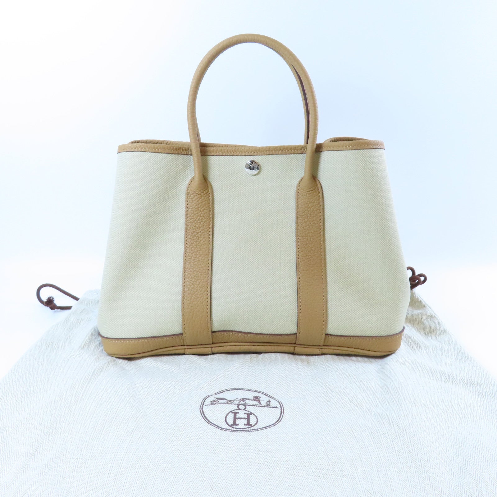 HERMES 皮革/帆布Garden Party TPM銀扣手挽袋Beige De Weimar奶茶色/Beton冰川白色