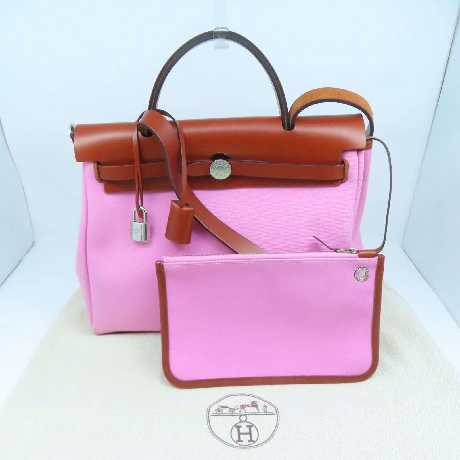 HERMES 帆布Herbag PM银扣手挽肩背两用袋Pink粉红色