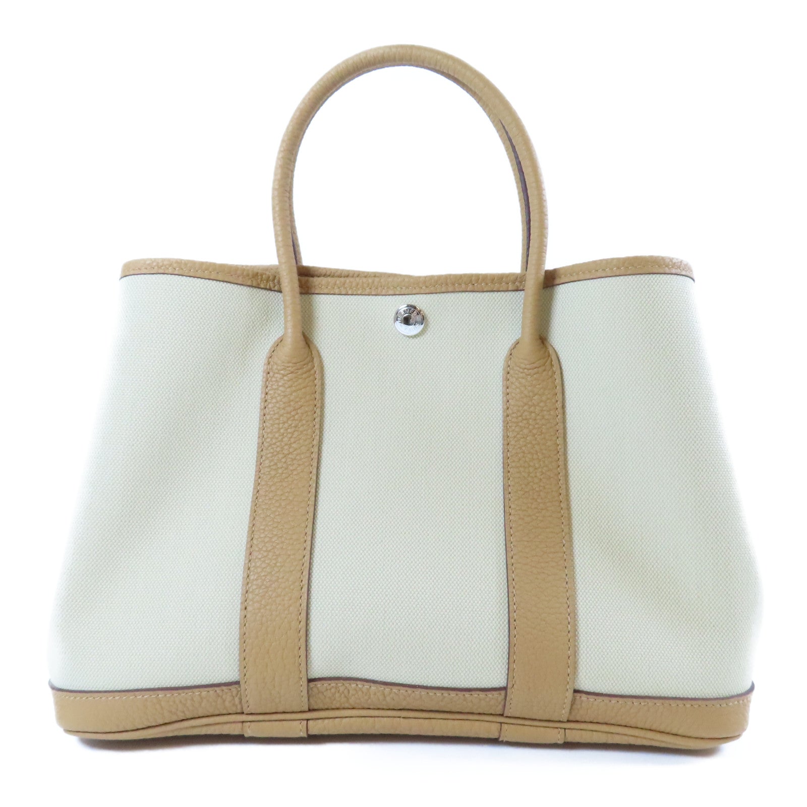 HERMES 皮革/帆布Garden Party TPM銀扣手挽袋Beige De Weimar奶茶色/Beton冰川白色