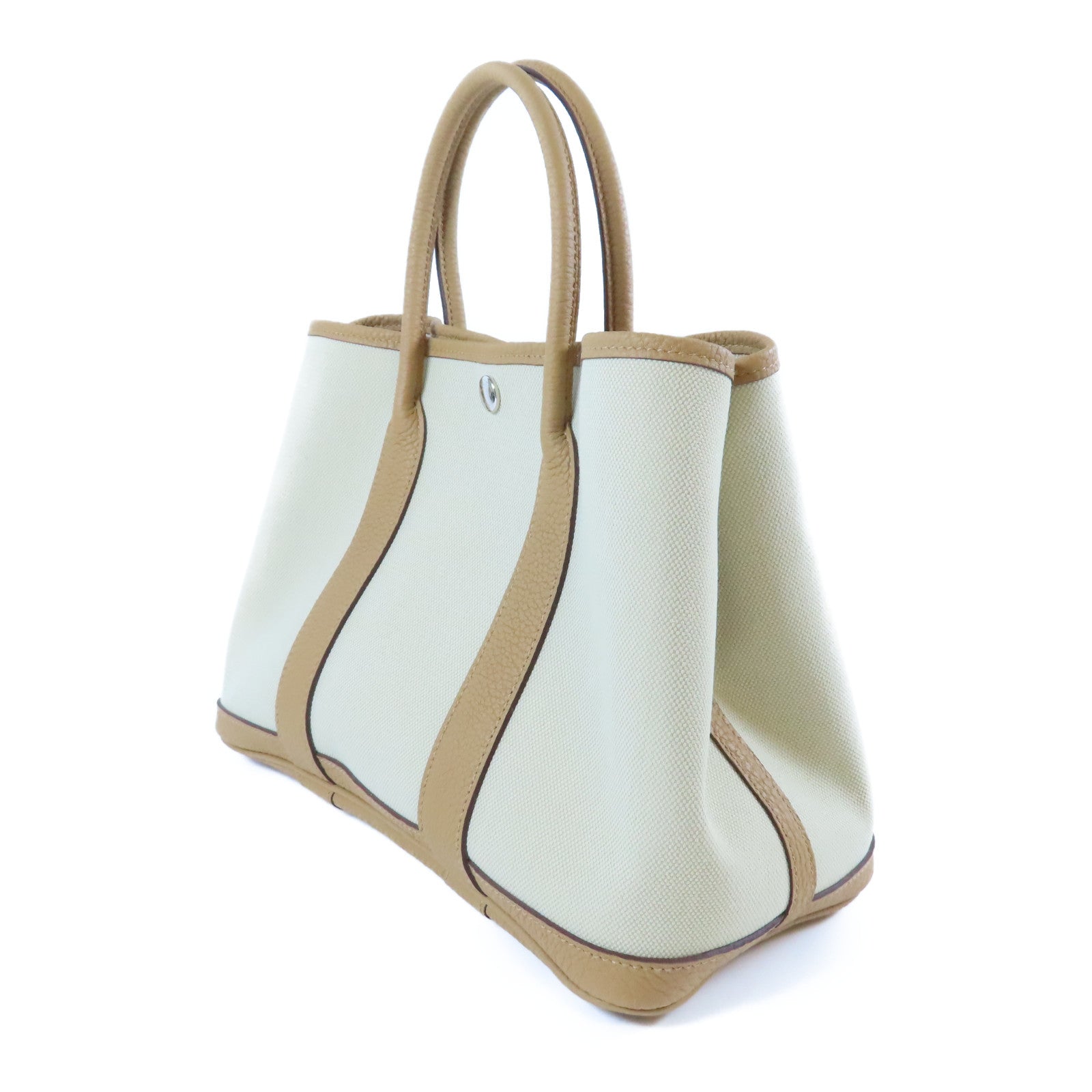 HERMES 皮革/帆布Garden Party TPM銀扣手挽袋Beige De Weimar奶茶色/Beton冰川白色