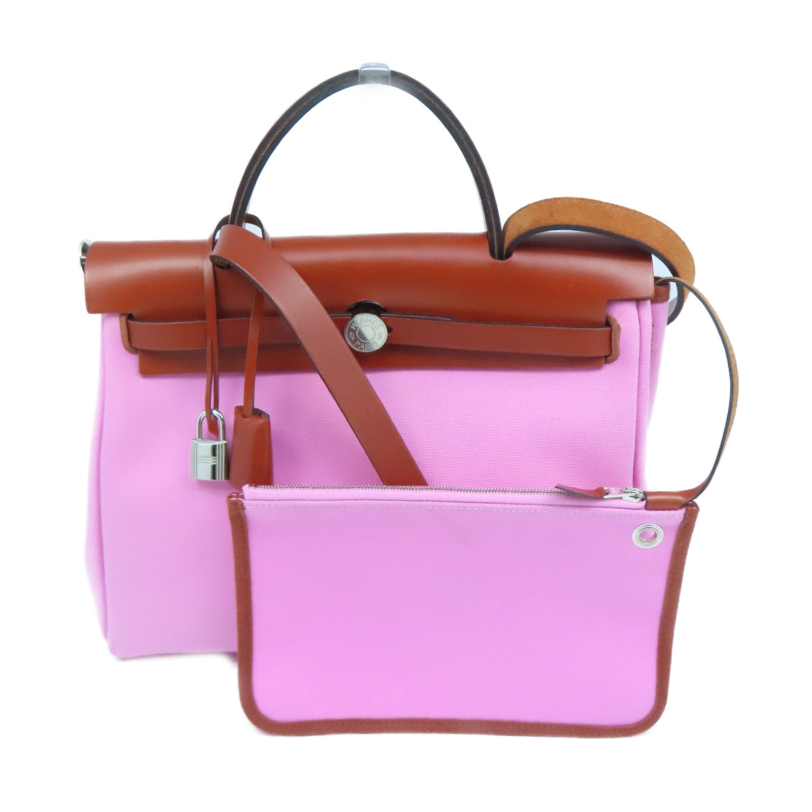 HERMES 帆布Herbag PM银扣手挽肩背两用袋Pink粉红色