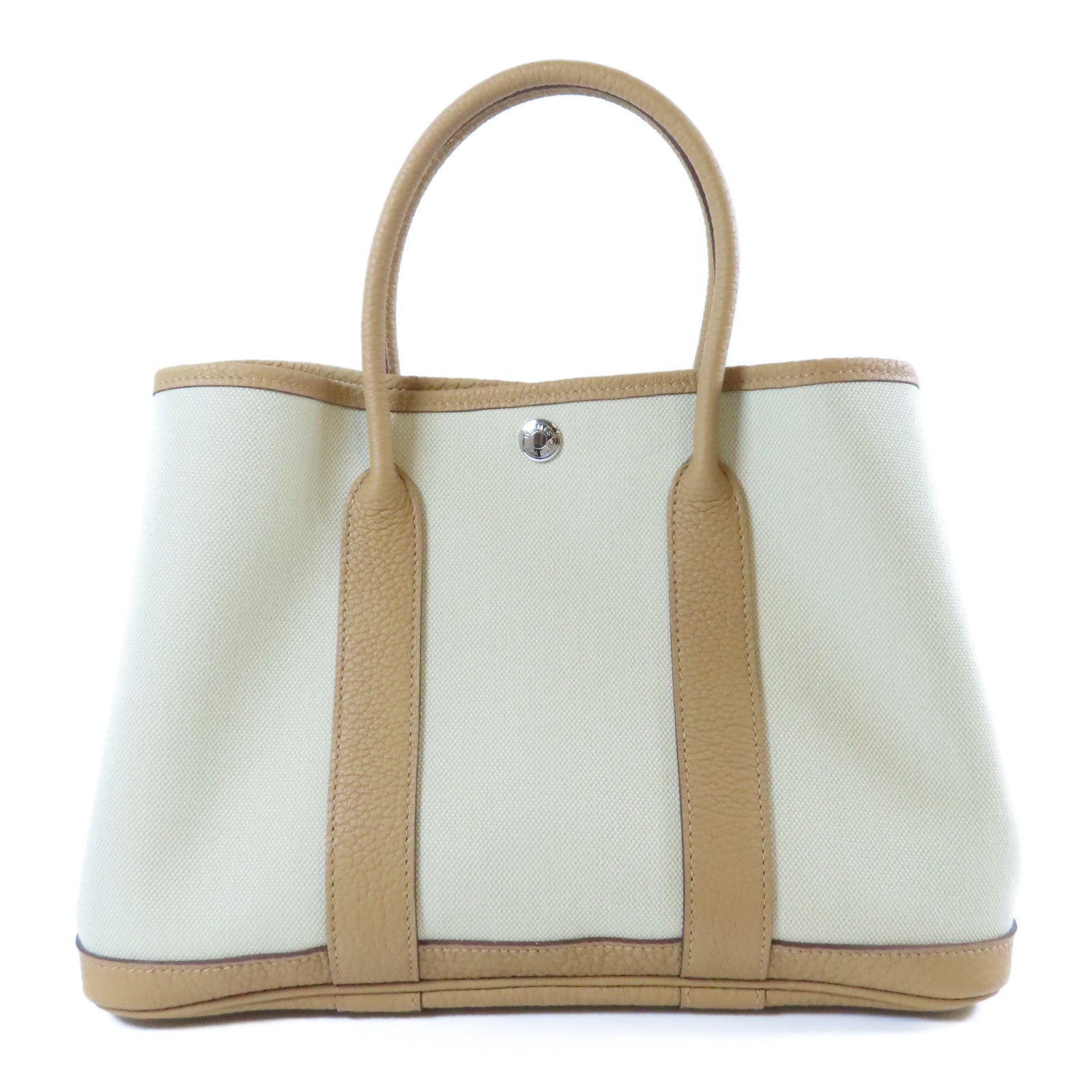 HERMES 皮革/帆布Garden Party TPM銀扣手挽袋Beige De Weimar奶茶色/Beton冰川白色
