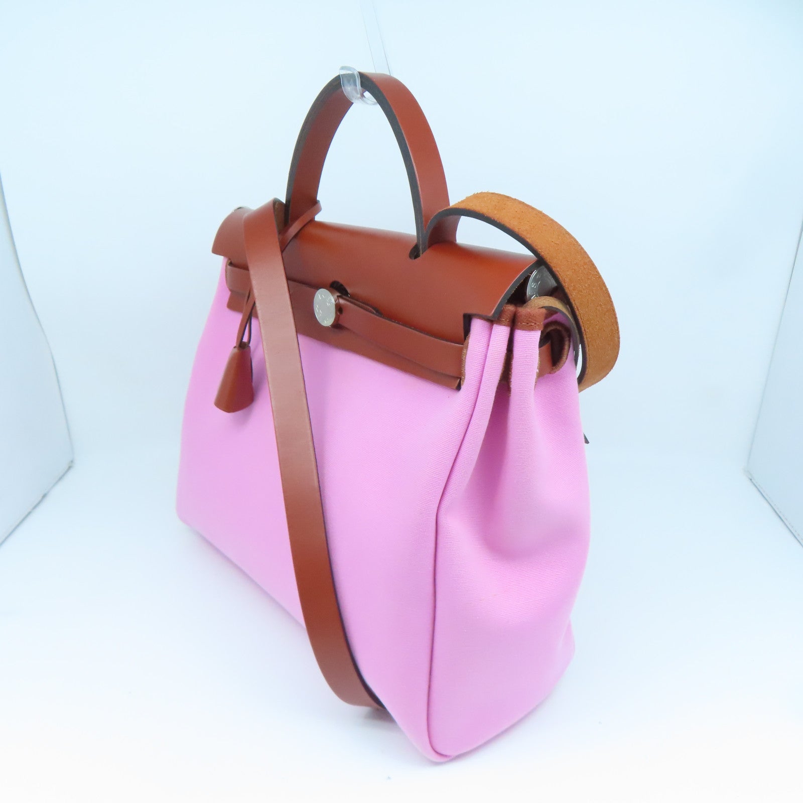 HERMES 帆布Herbag PM银扣手挽肩背两用袋Pink粉红色