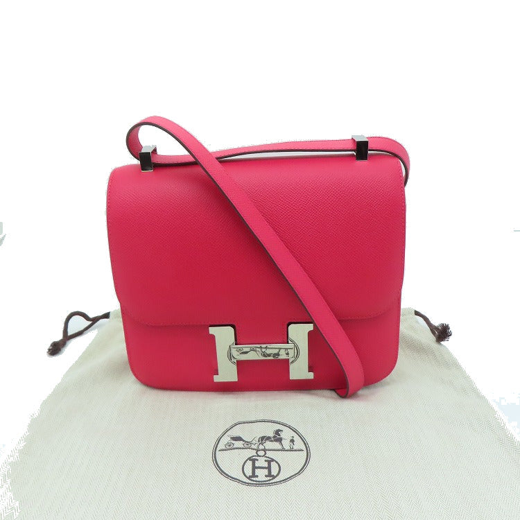 HERMES 【激减优惠】Epsom皮革Constance 24银扣链带肩背袋粉红色