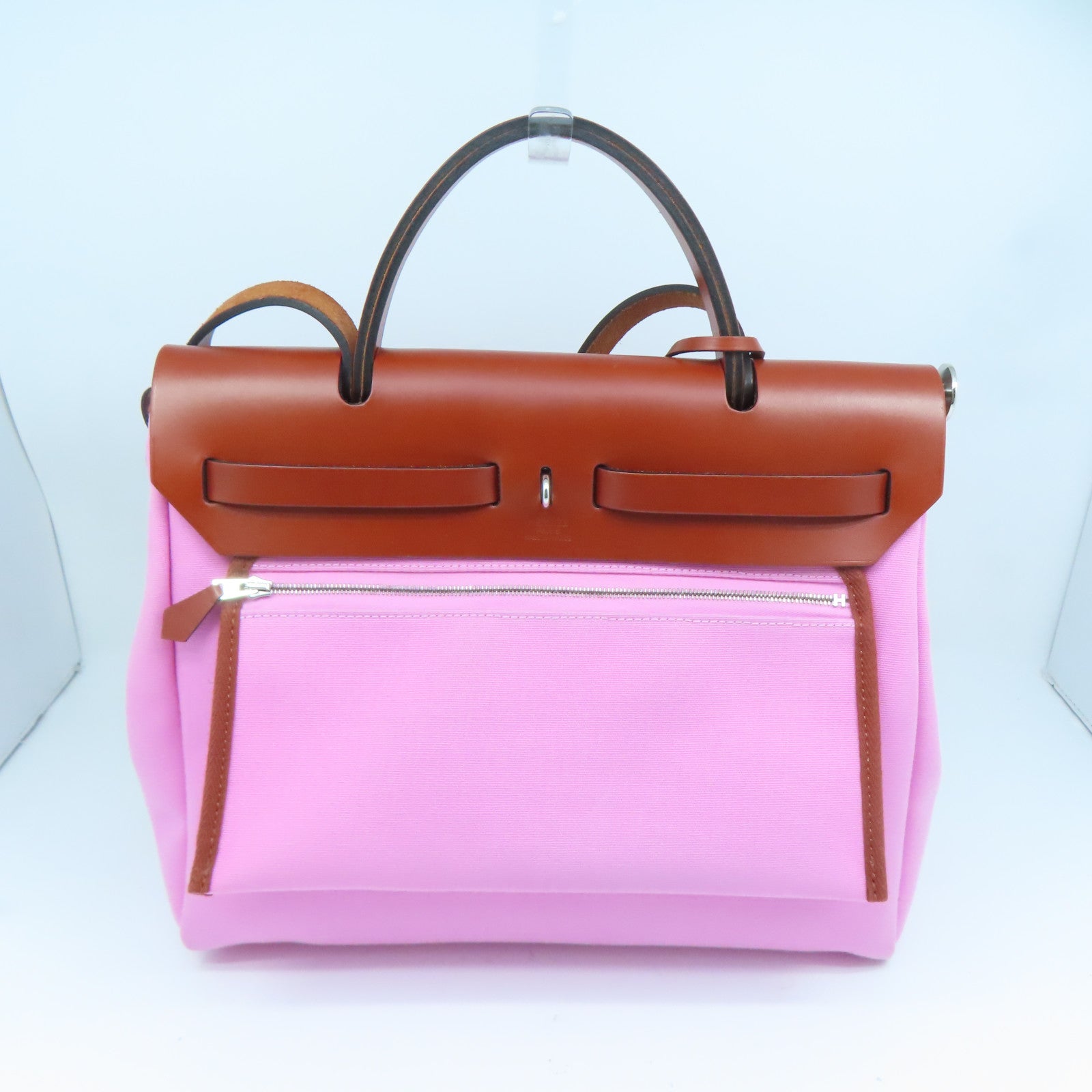 HERMES 帆布Herbag PM银扣手挽肩背两用袋Pink粉红色