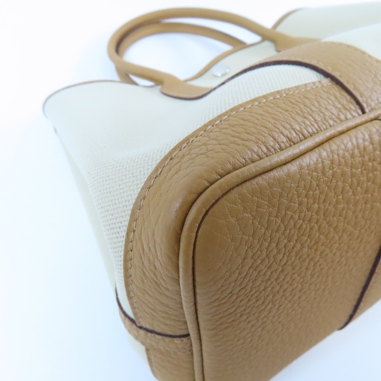 HERMES 皮革/帆布Garden Party TPM銀扣手挽袋Beige De Weimar奶茶色/Beton冰川白色
