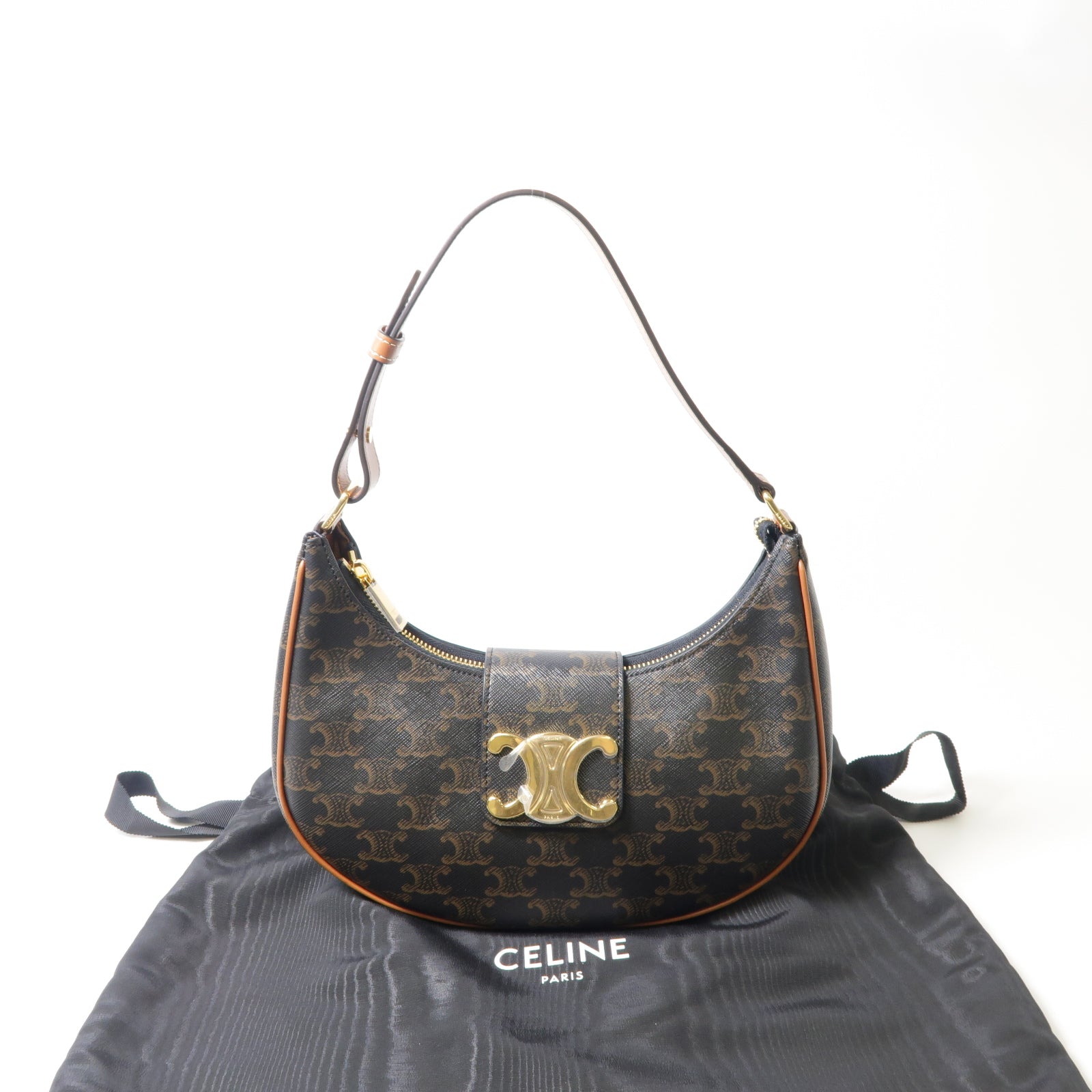 CELINE 塗層帆布Ava Triomphe金扣肩背袋黑色/啡色