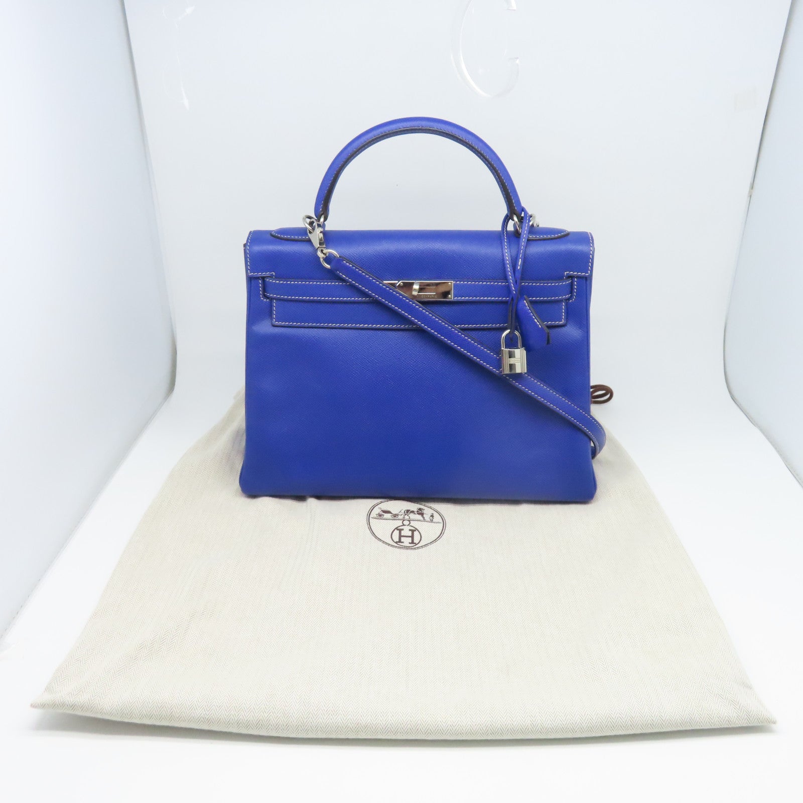 HERMES Veau Epsom皮革Kelly32銀扣手挽肩背兩用袋閃電藍色