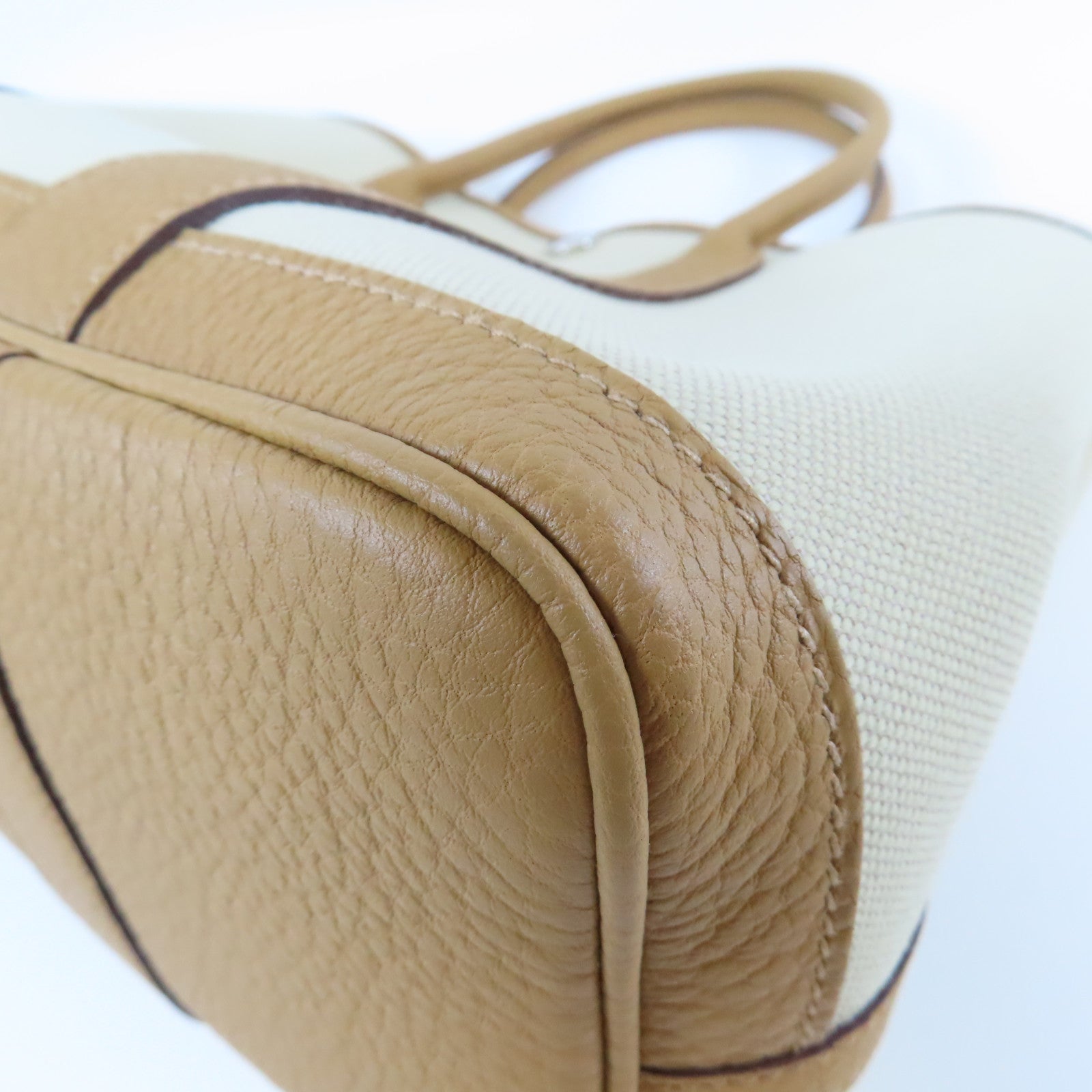 HERMES 皮革/帆布Garden Party TPM銀扣手挽袋Beige De Weimar奶茶色/Beton冰川白色