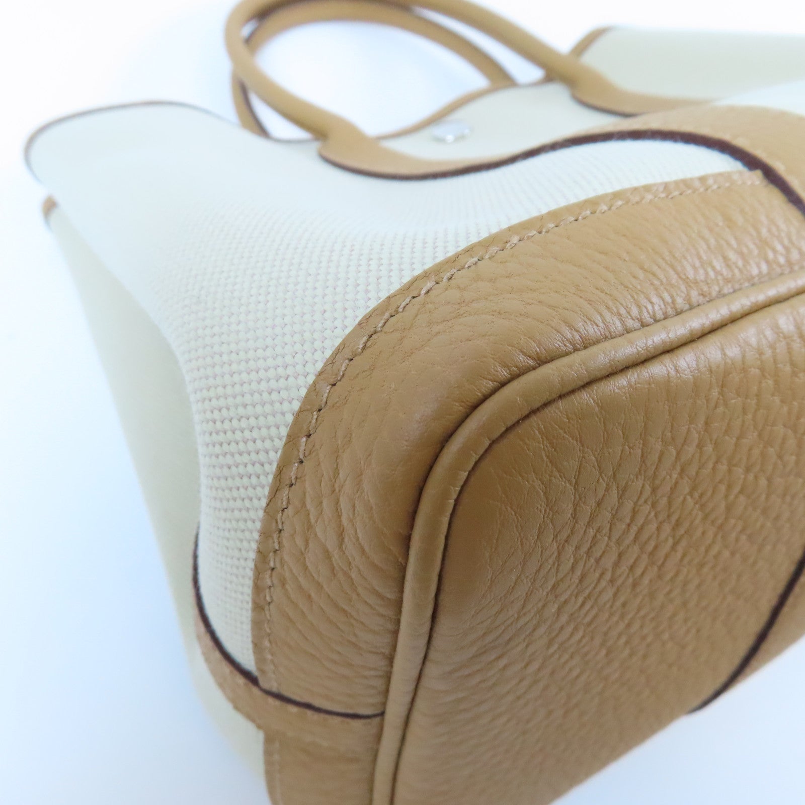 HERMES 皮革/帆布Garden Party TPM銀扣手挽袋Beige De Weimar奶茶色/Beton冰川白色