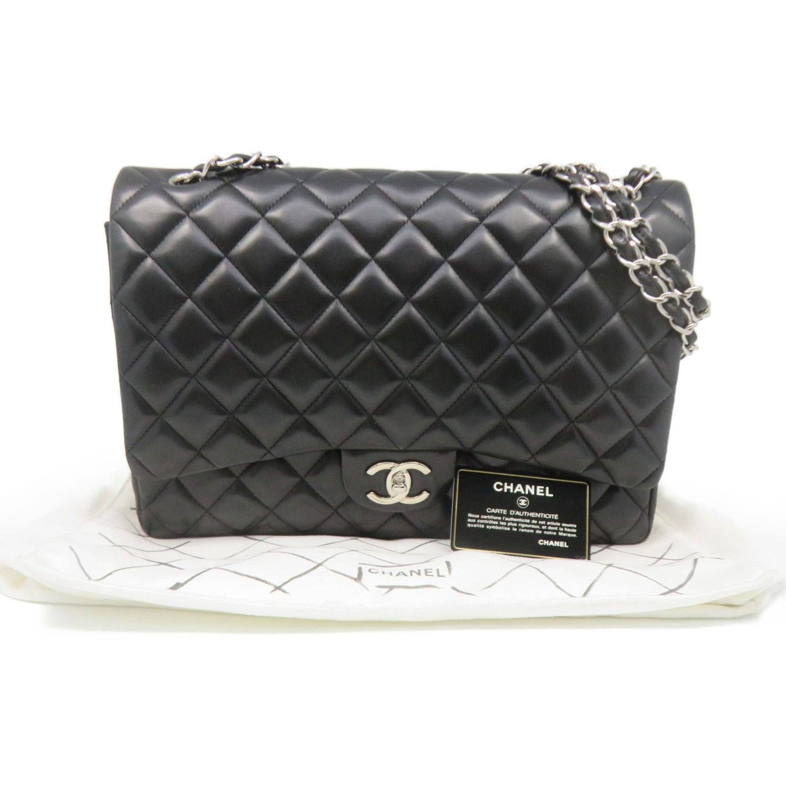CHANEL 菱格羊皮皮革Jumbo Shoulder Bag银扣链带肩背袋黑色