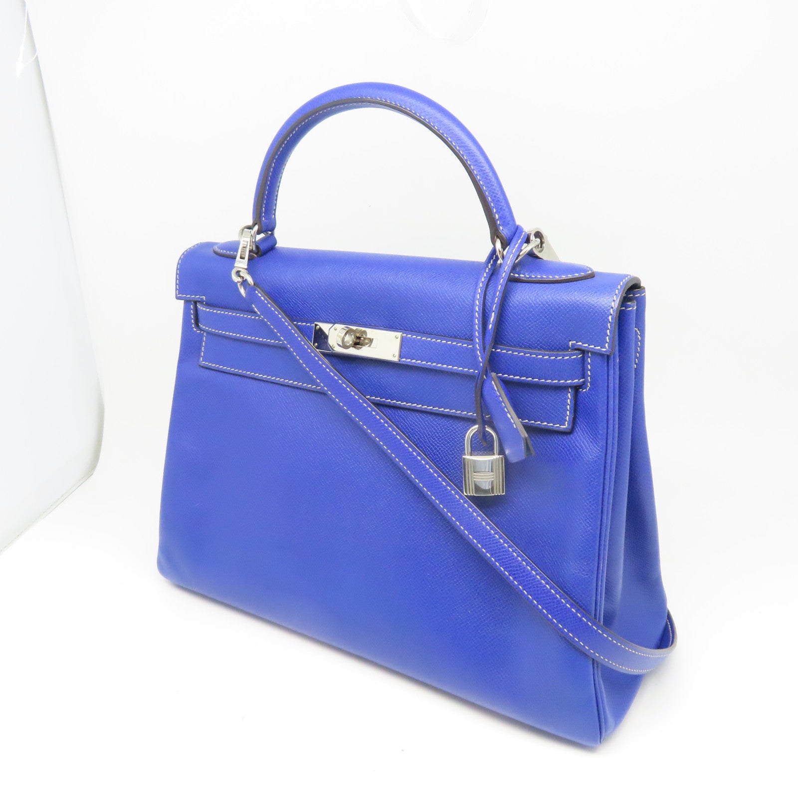 HERMES Veau Epsom皮革Kelly32銀扣手挽肩背兩用袋閃電藍色
