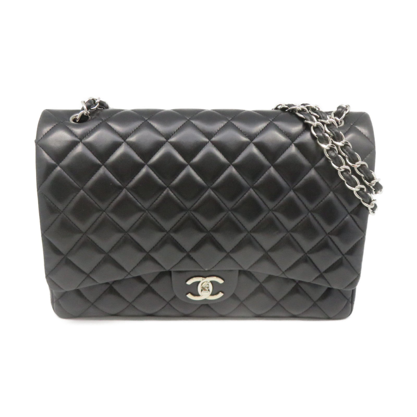 CHANEL 菱格羊皮皮革Jumbo Shoulder Bag银扣链带肩背袋黑色