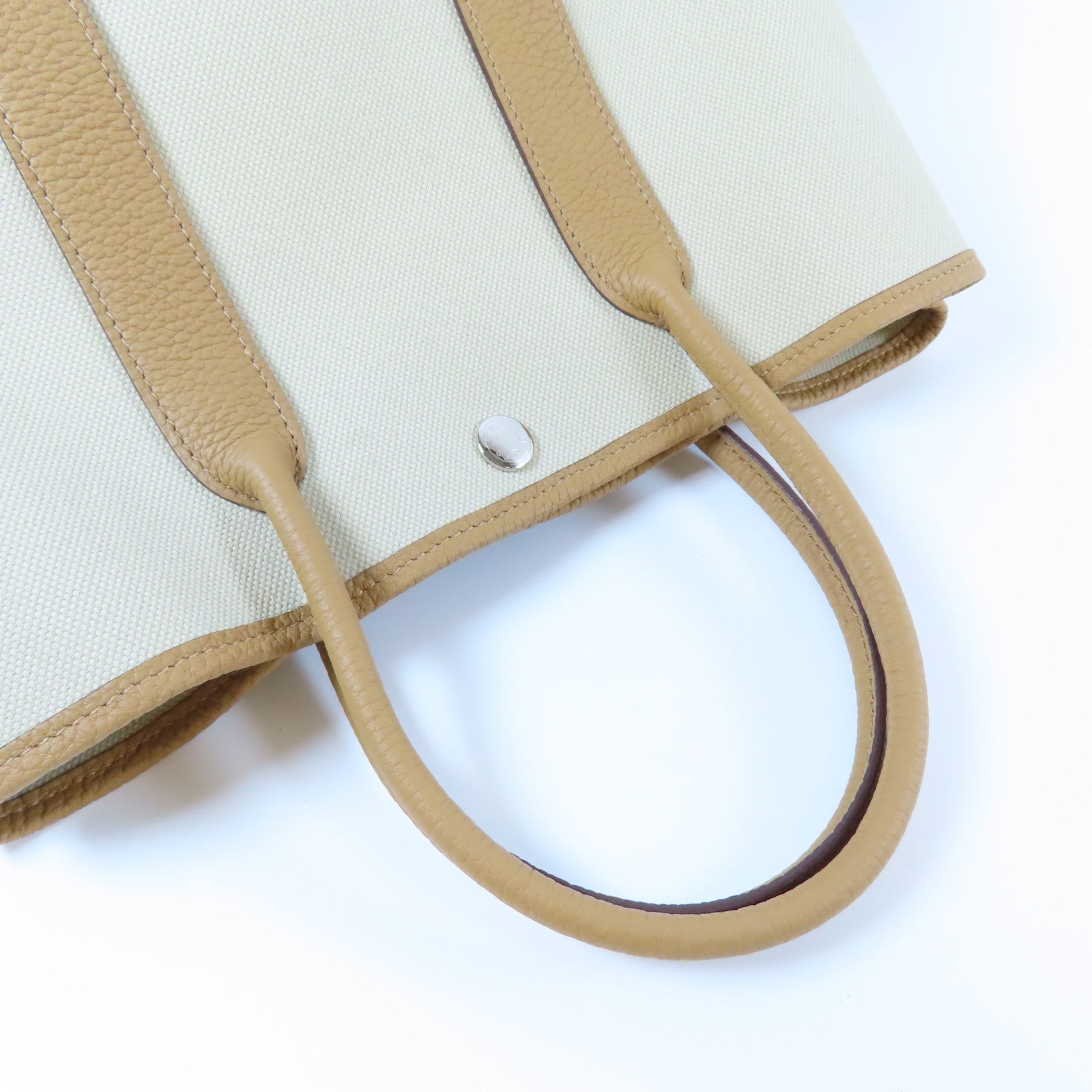 HERMES 皮革/帆布Garden Party TPM銀扣手挽袋Beige De Weimar奶茶色/Beton冰川白色