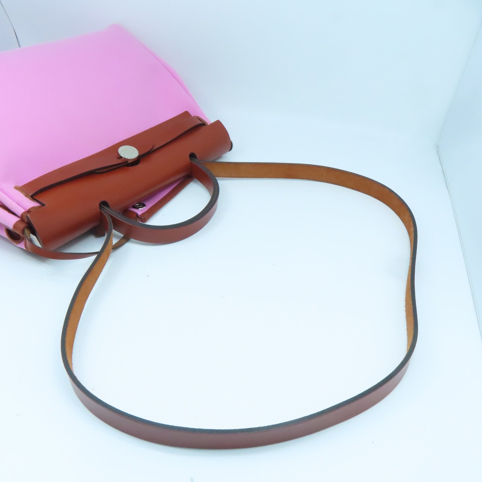 HERMES 帆布Herbag PM银扣手挽肩背两用袋Pink粉红色