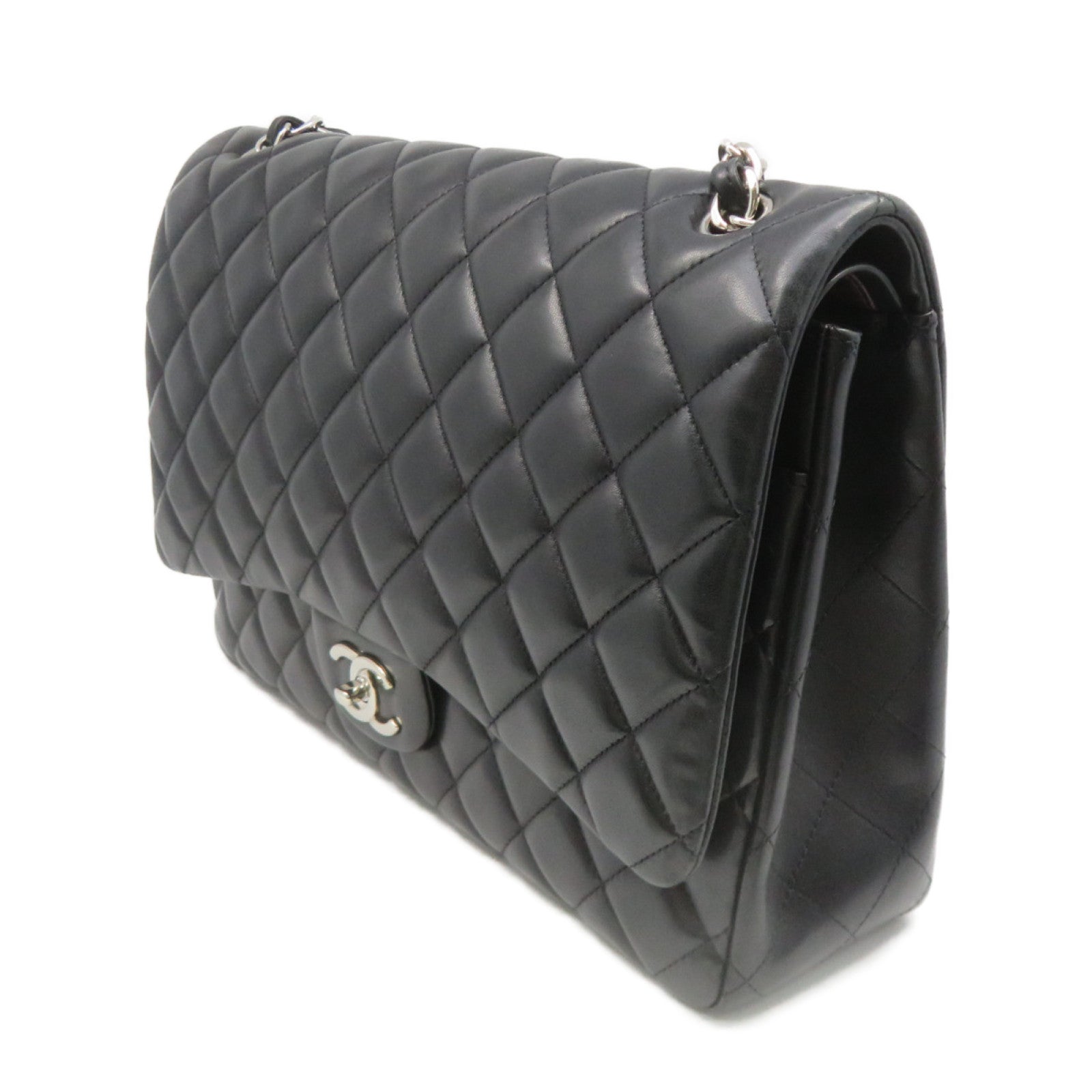 CHANEL 菱格羊皮皮革Jumbo Shoulder Bag银扣链带肩背袋黑色