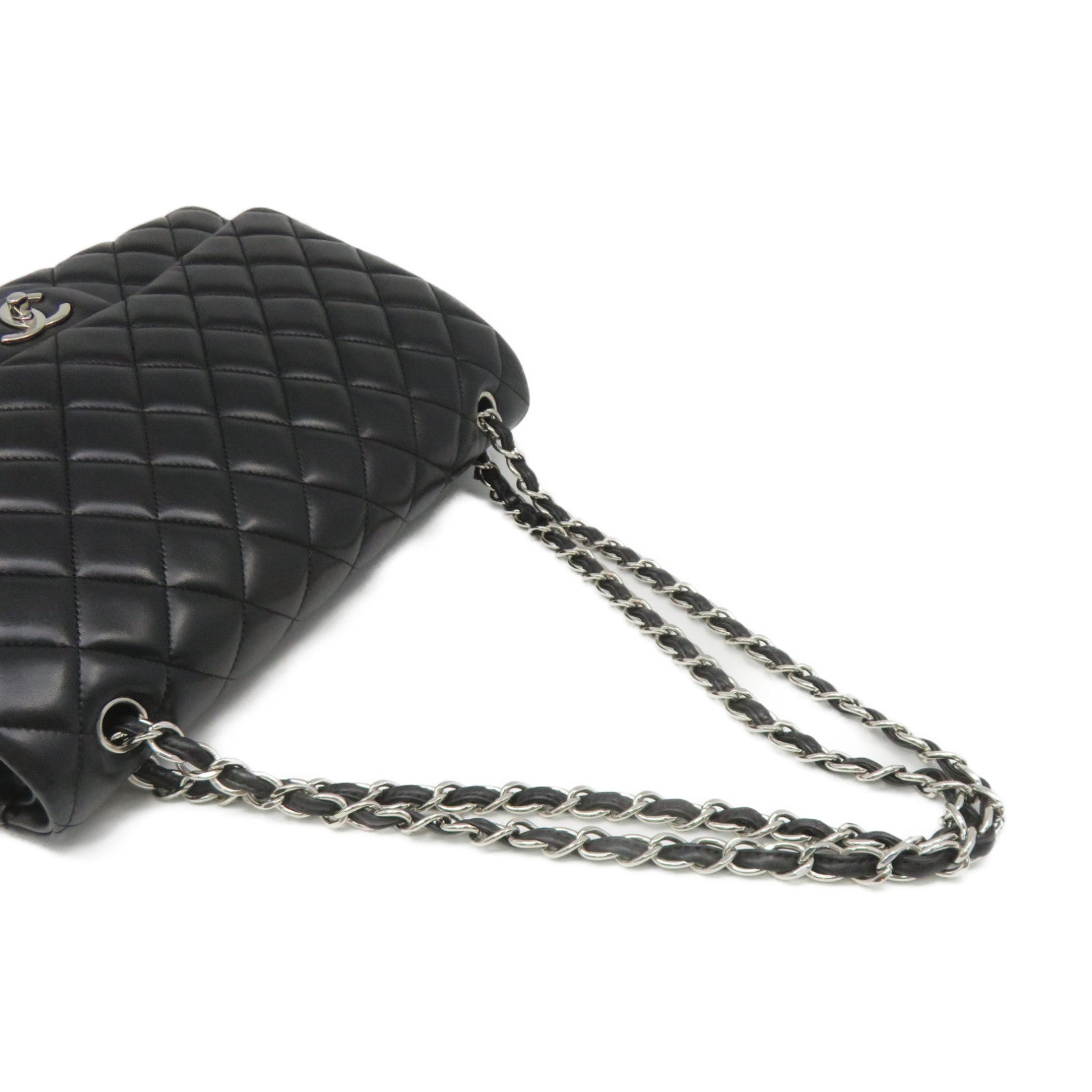 CHANEL 菱格羊皮皮革Jumbo Shoulder Bag银扣链带肩背袋黑色