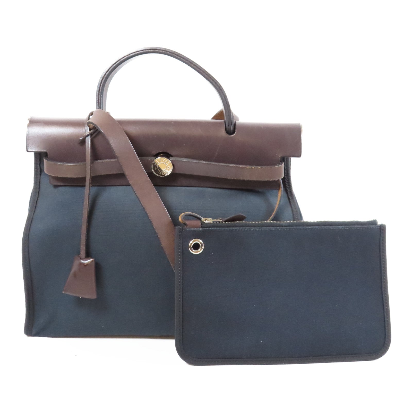 HERMES 帆布/皮革Herbag PM銀扣手挽肩背兩用袋Noir黑色