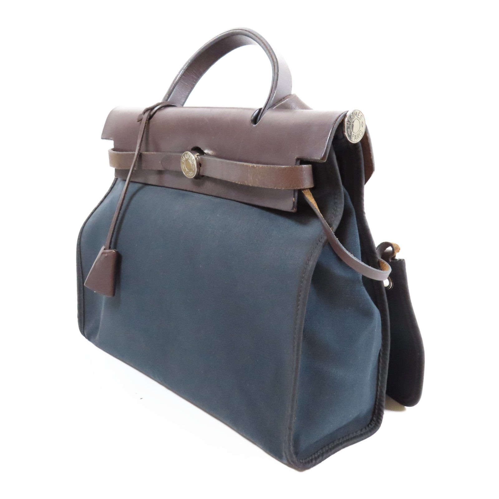 HERMES 帆布/皮革Herbag PM銀扣手挽肩背兩用袋Noir黑色