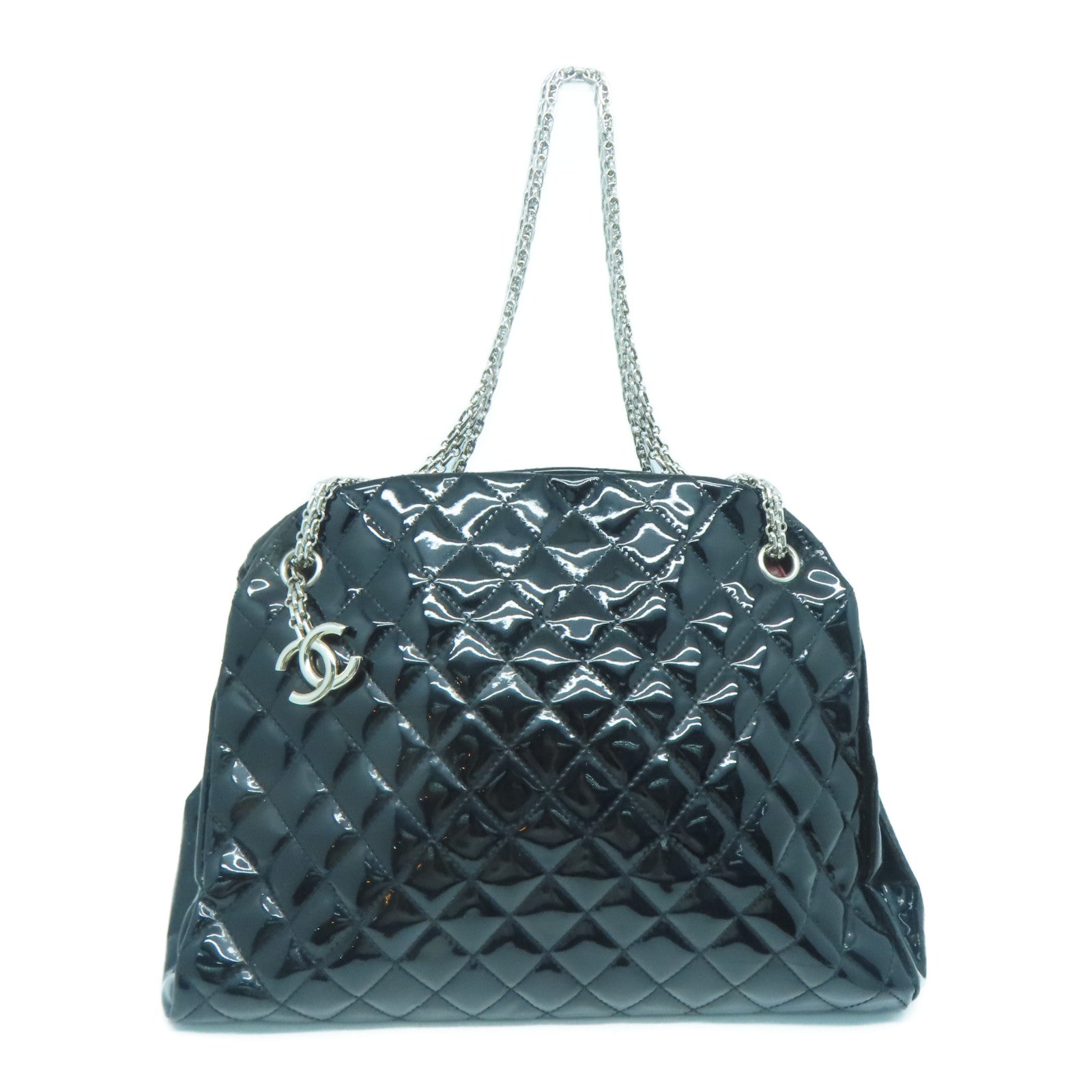 CHANEL 菱格漆皮皮革Chain Shoulder银扣肩背袋黑色