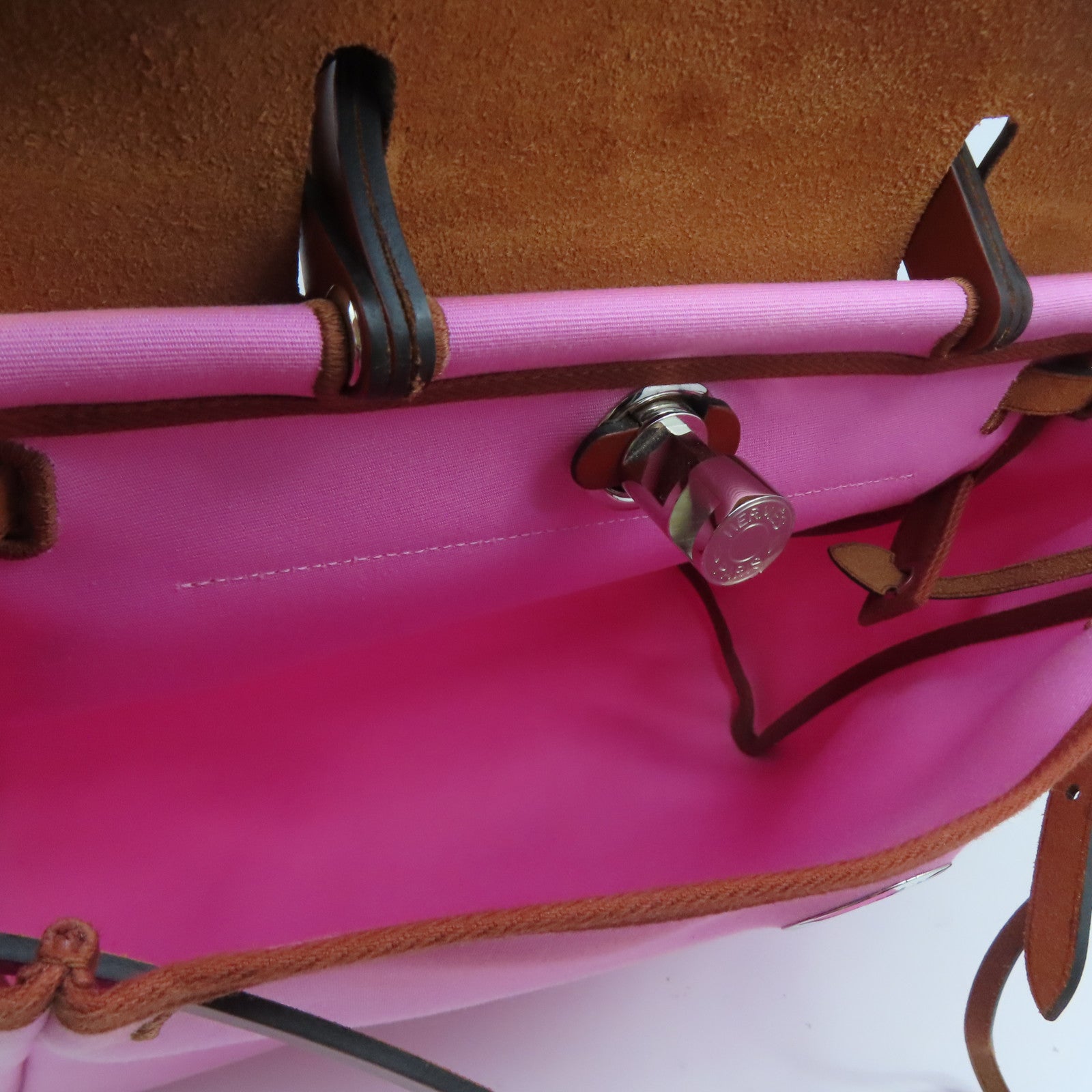 HERMES 帆布Herbag PM银扣手挽肩背两用袋Pink粉红色