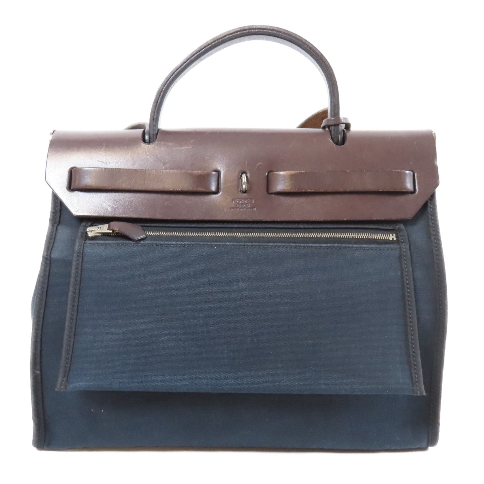 HERMES 帆布/皮革Herbag PM銀扣手挽肩背兩用袋Noir黑色