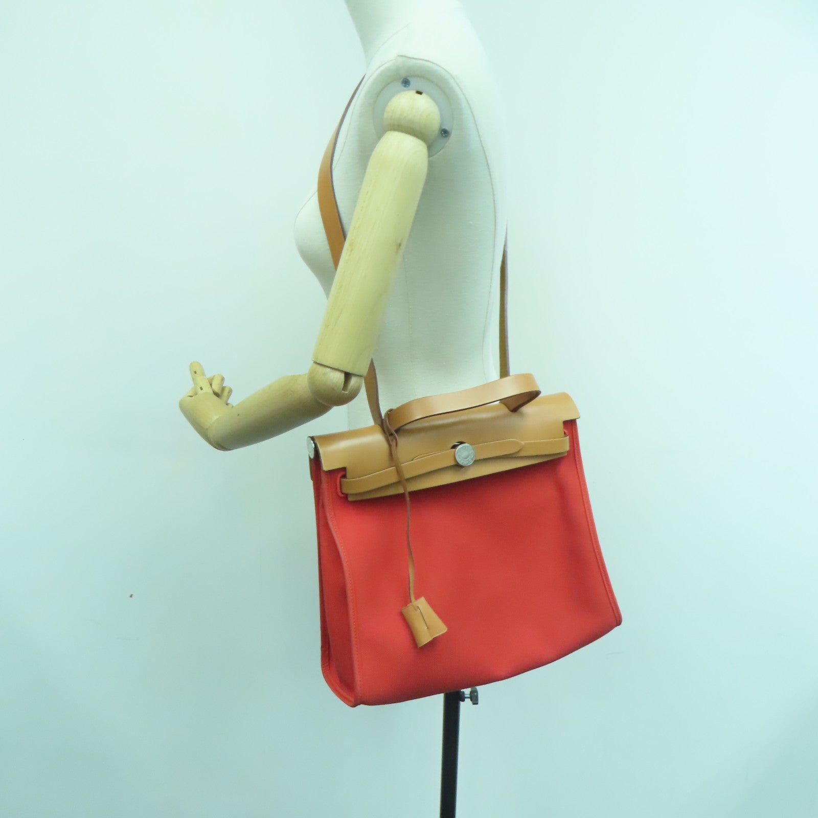 HERMES Canvas Herbag PM 2 Way Shoulder Bag Silver Buckle Handle Shoulder Bag Orange 9T/37