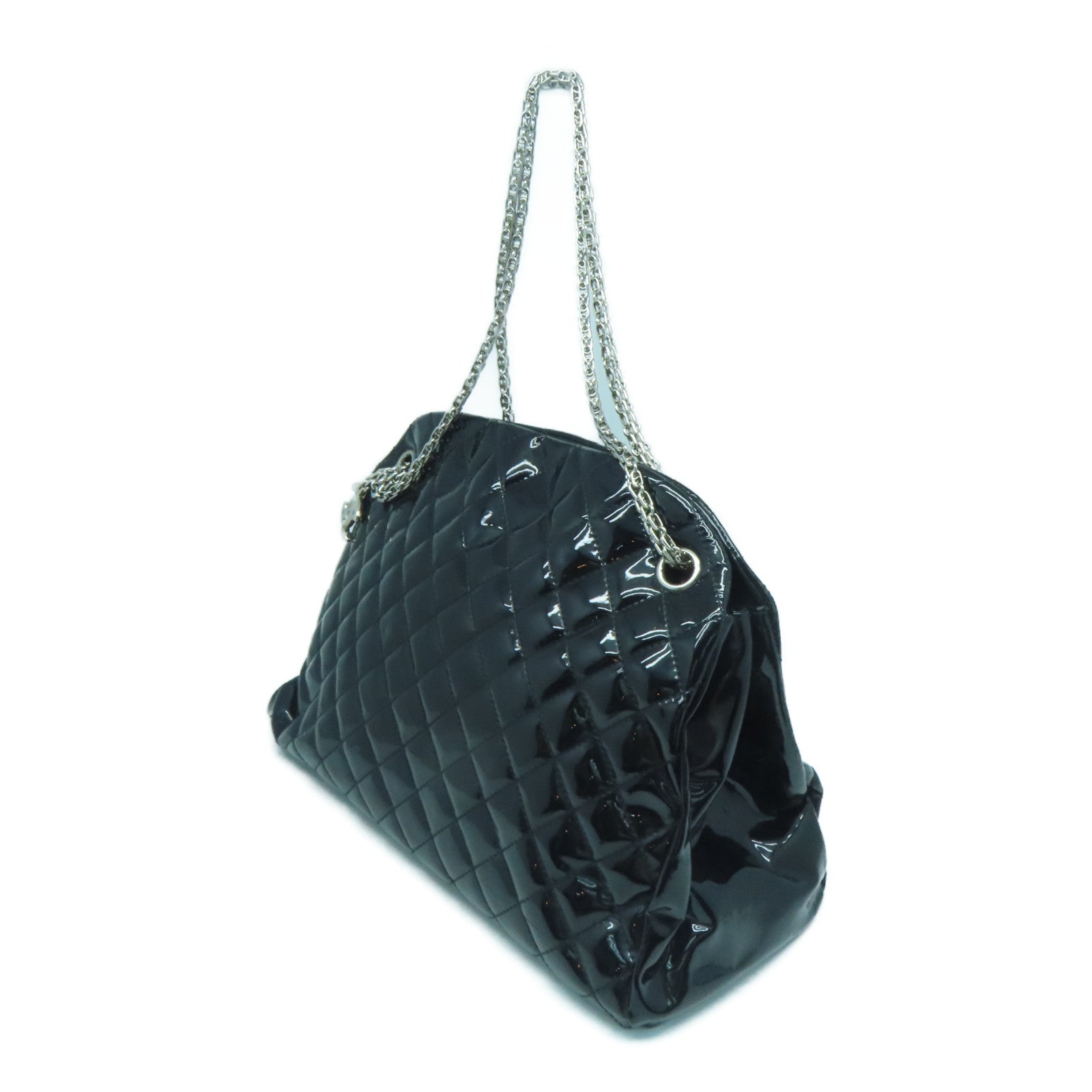 CHANEL 菱格漆皮皮革Chain Shoulder银扣肩背袋黑色