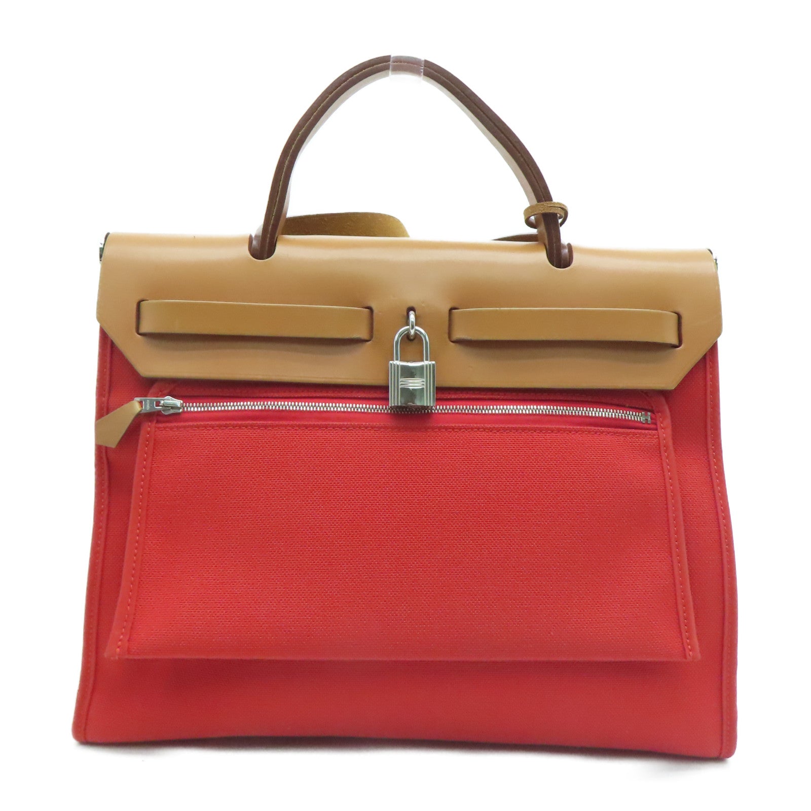 HERMES Canvas Herbag PM 2 Way Shoulder Bag Silver Buckle Handle Shoulder Bag Orange 9T/37