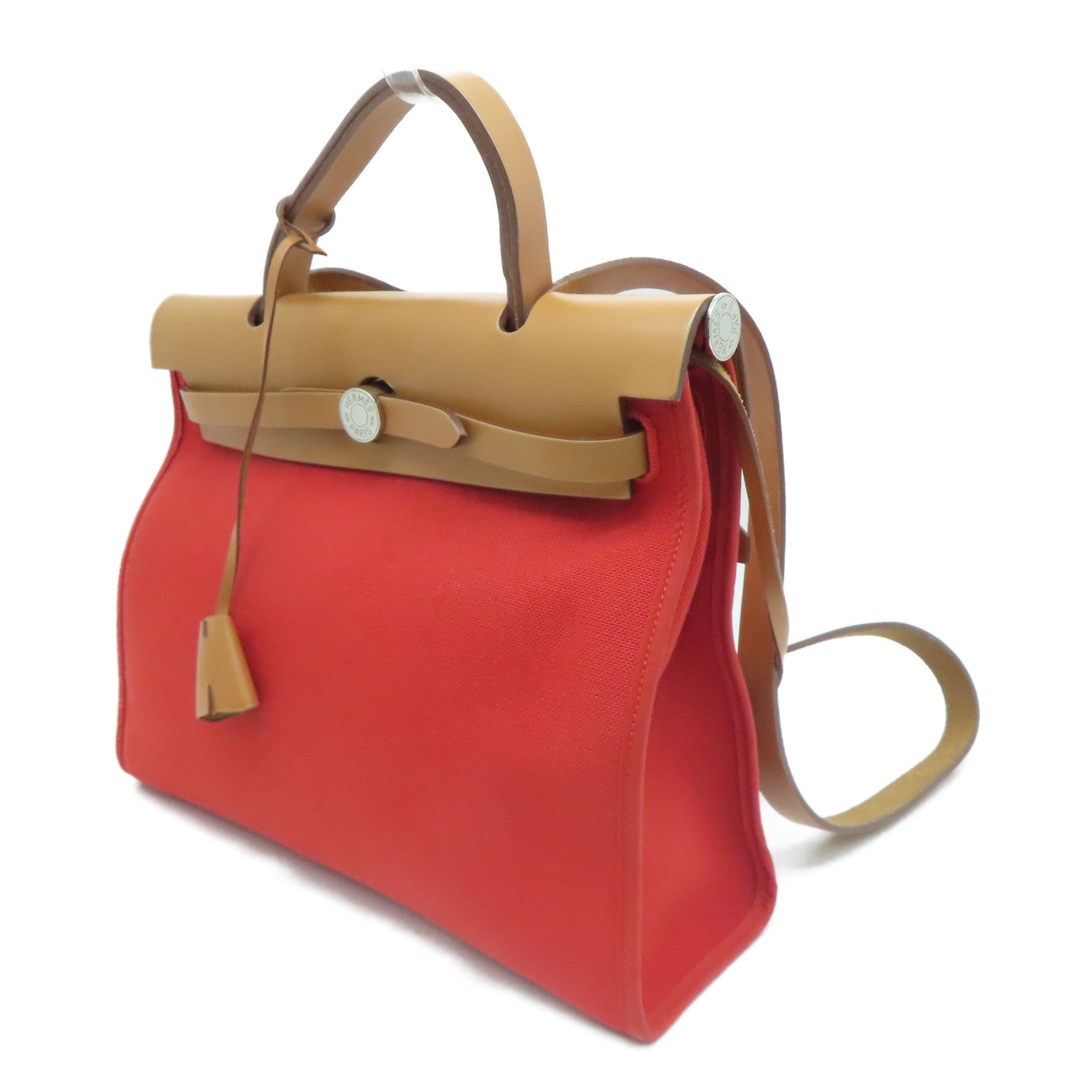 HERMES Canvas Herbag PM 2 Way Shoulder Bag Silver Buckle Handle Shoulder Bag Orange 9T/37