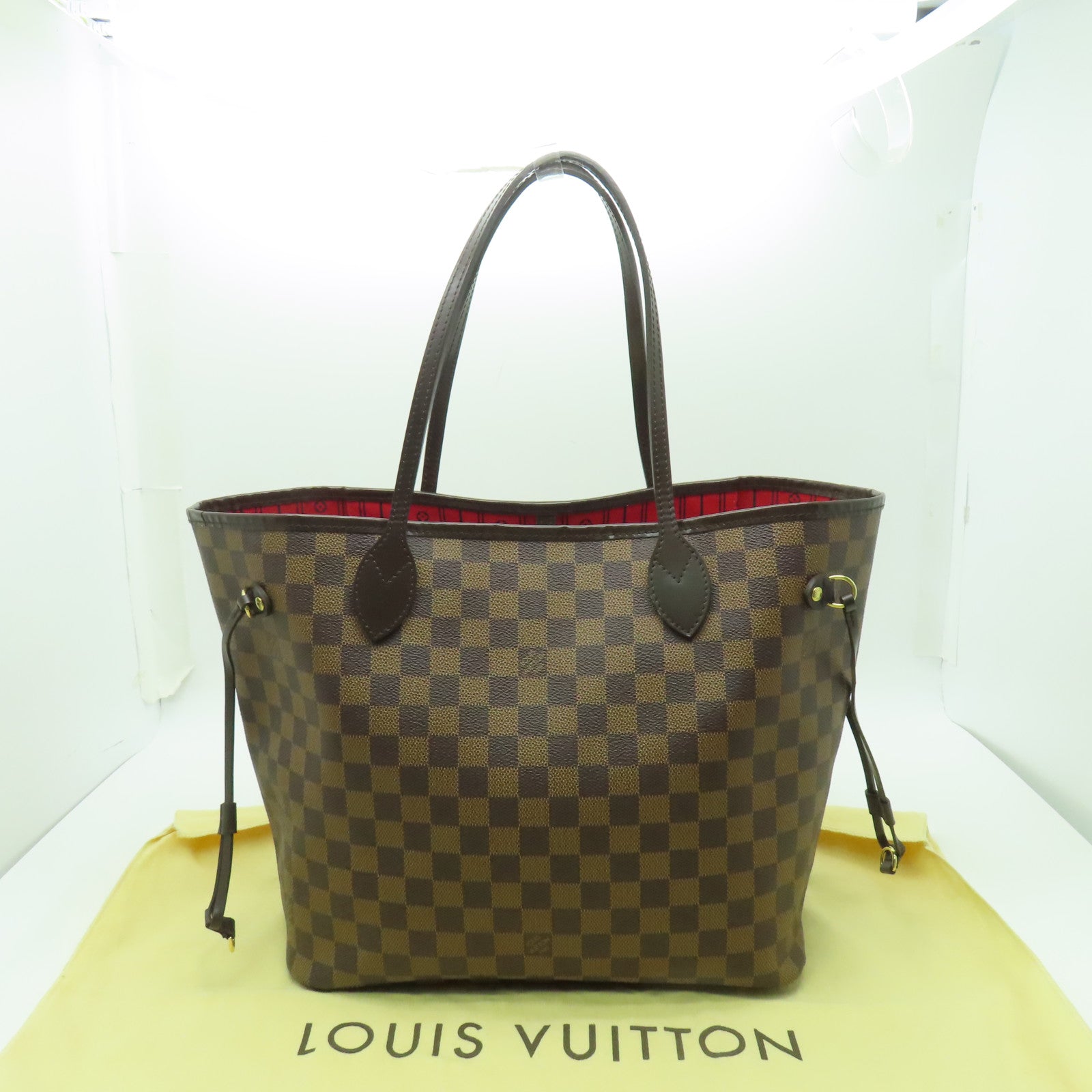LOUIS VUITTON Damier Neverfull MM金扣手挽袋棕色