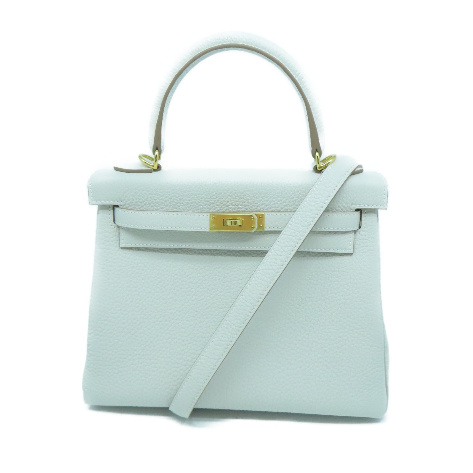 HERMES Togo皮革Kelly 25金扣手挽肩背兩用袋淺灰色