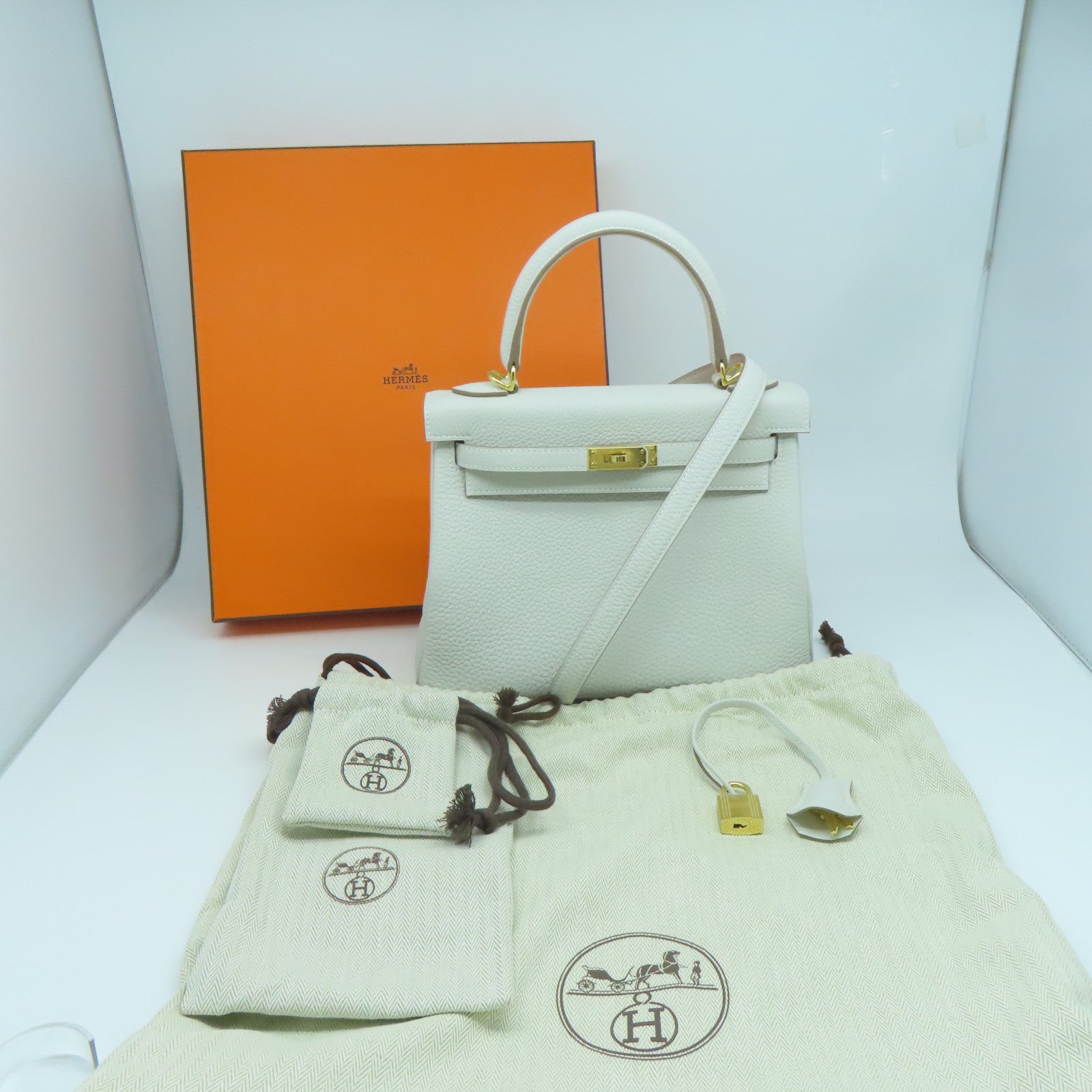 HERMES Togo皮革Kelly 25金扣手挽肩背兩用袋淺灰色