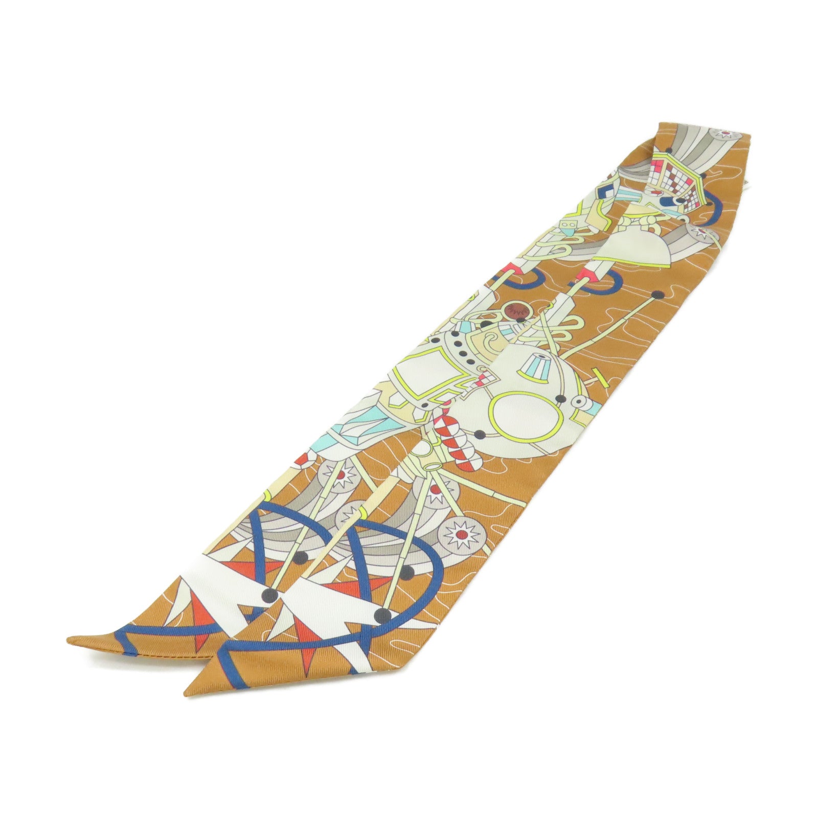 HERMES 絲質Twilly Scarf絲巾啡色/彩色