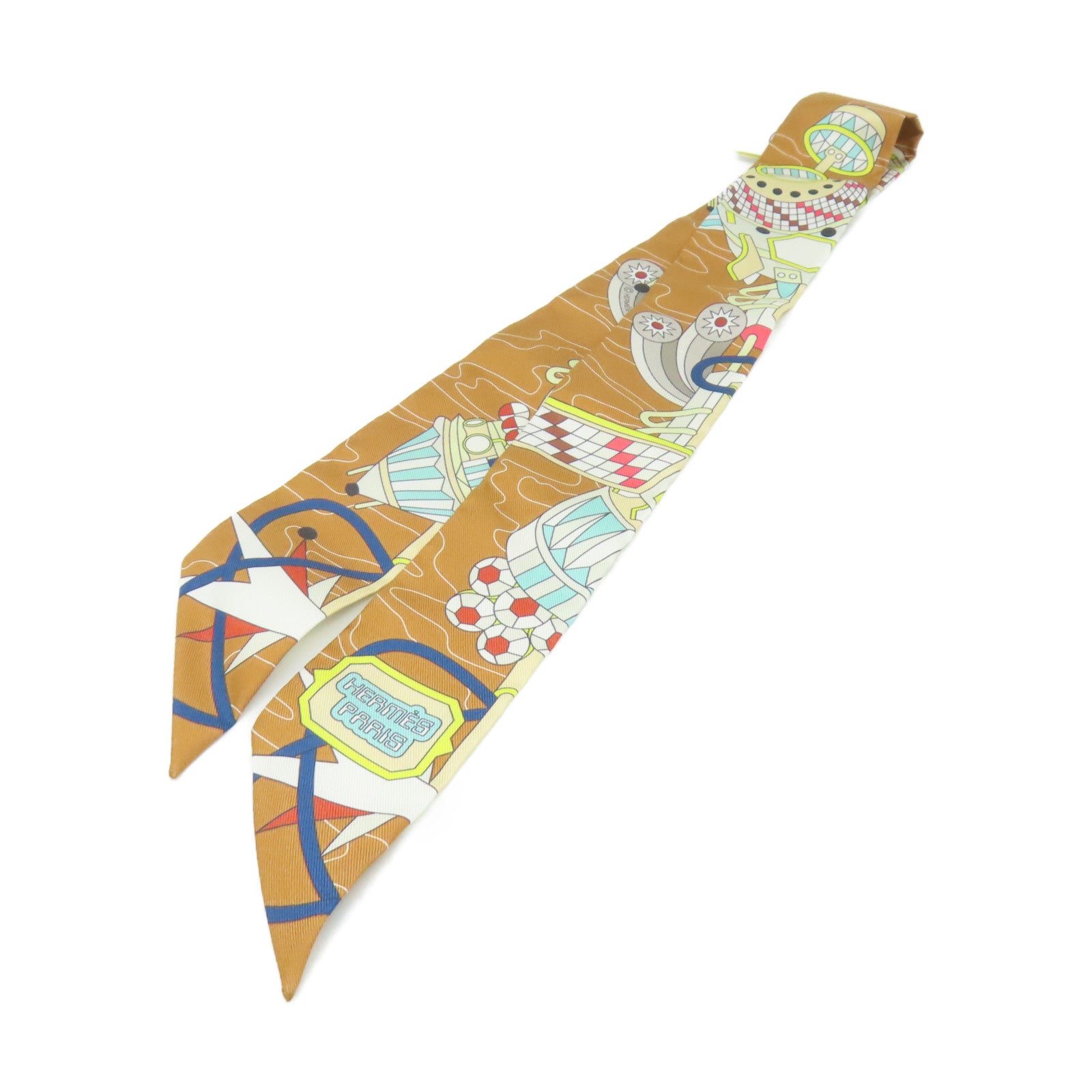 HERMES 絲質Twilly Scarf絲巾啡色/彩色