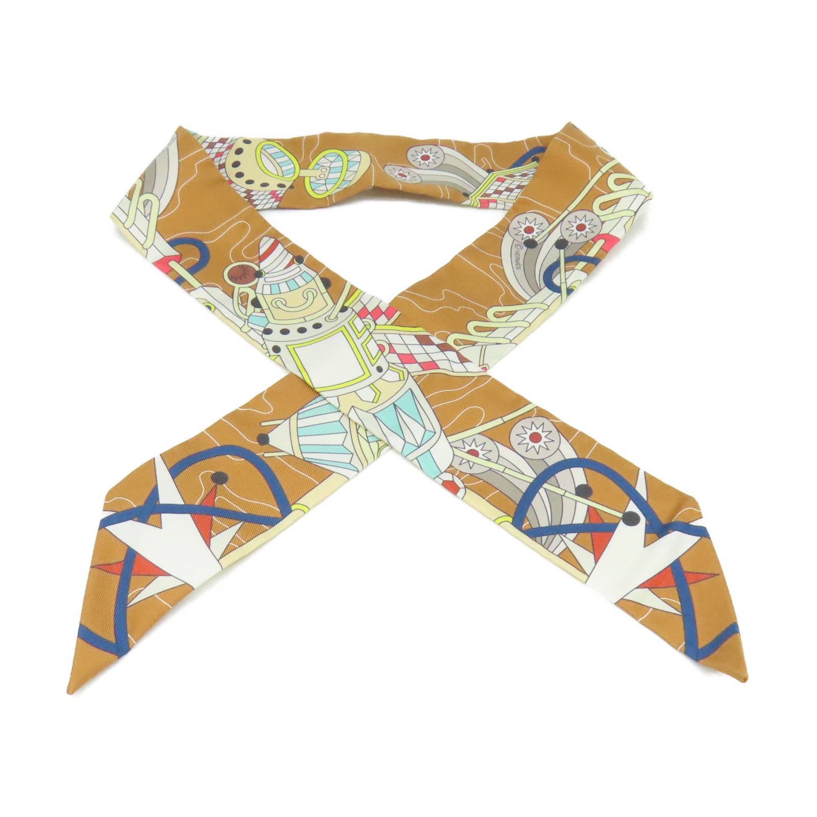 HERMES 絲質Twilly Scarf絲巾啡色/彩色
