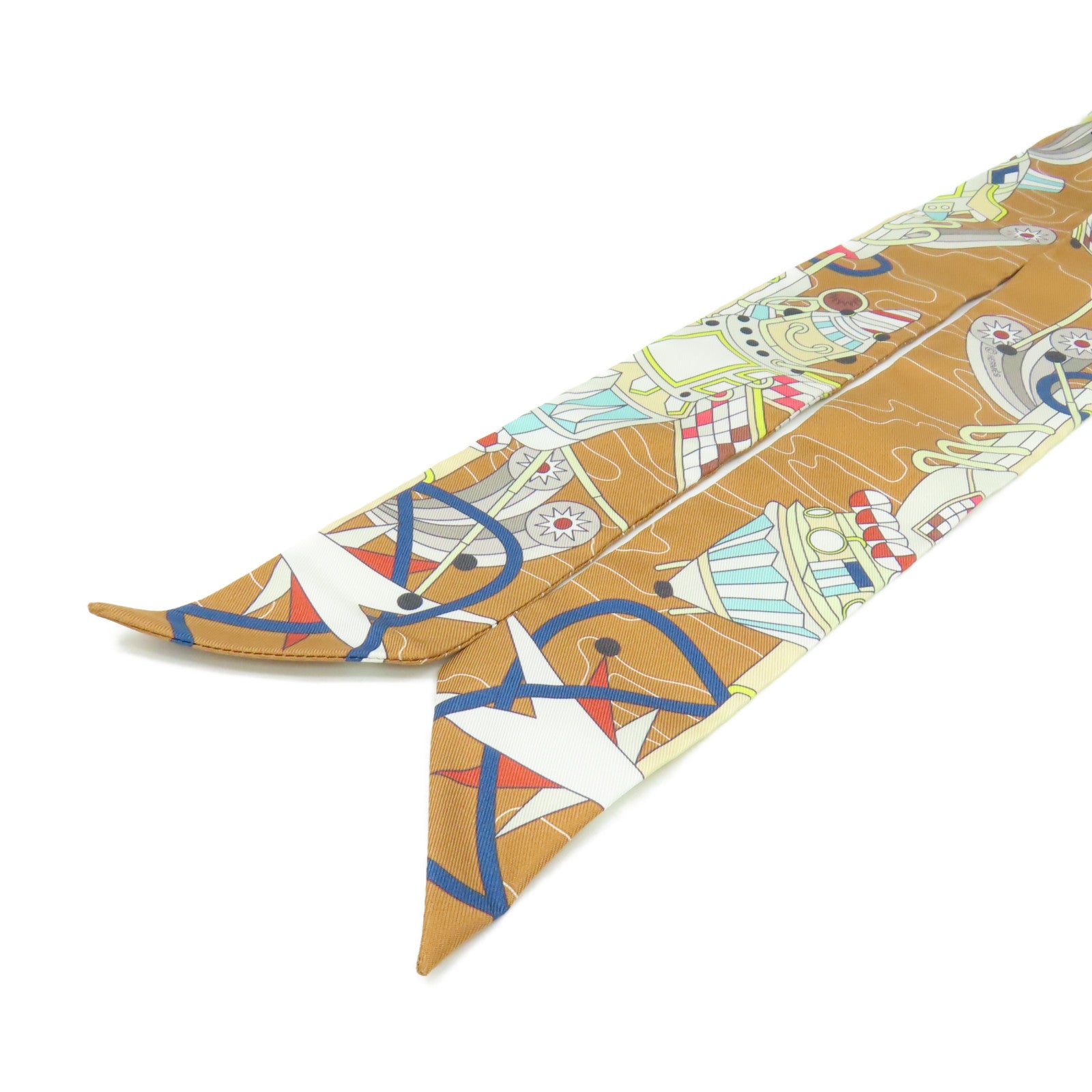 HERMES 絲質Twilly Scarf絲巾啡色/彩色