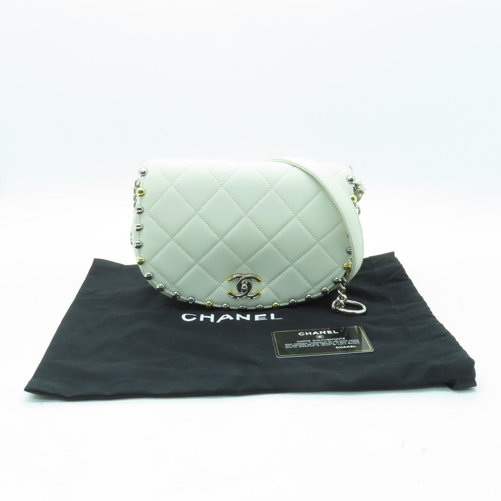 CHANEL 菱格牛皮皮革Bubble Flap Bag金扣/銀扣鏈帶肩背袋白色