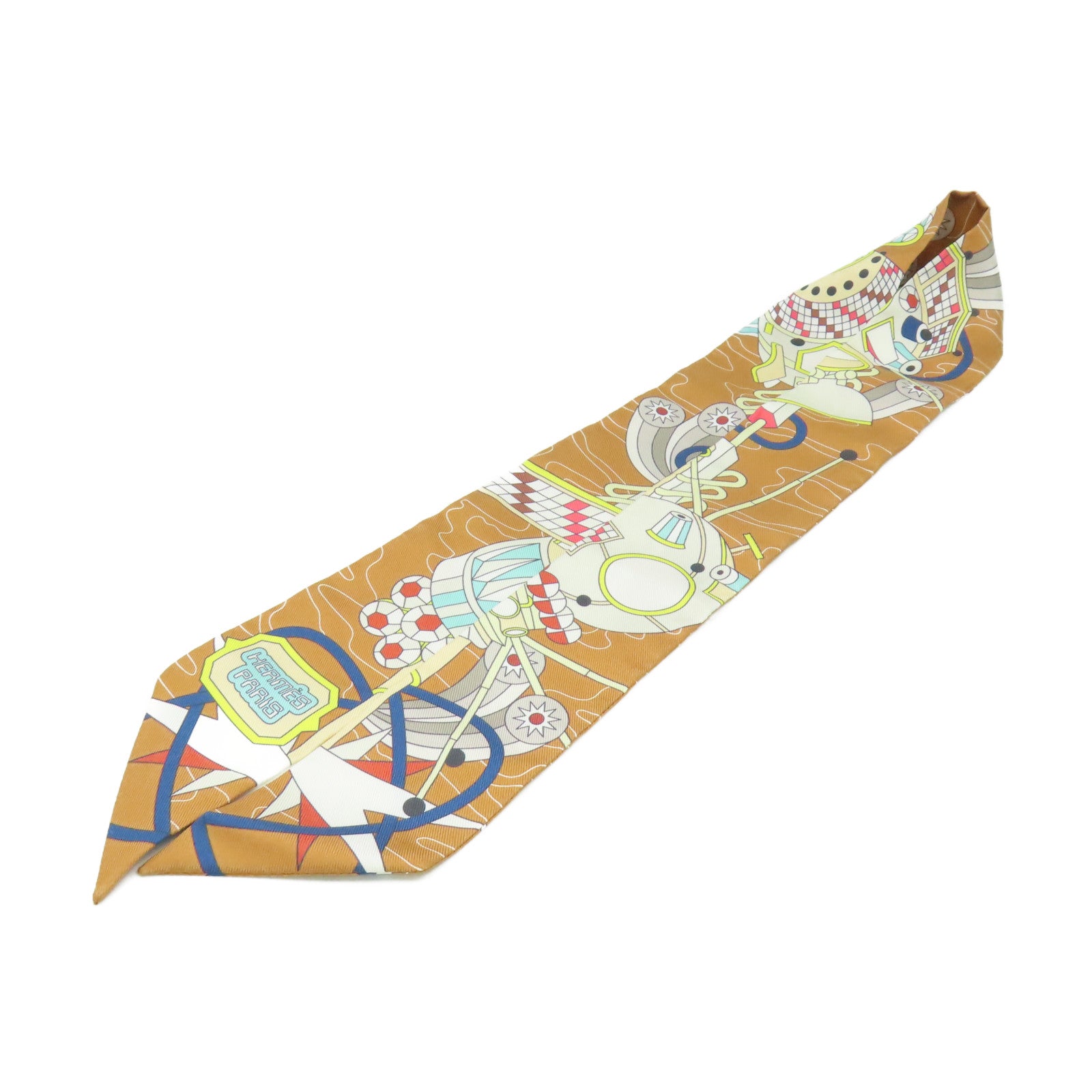 HERMES 絲質Twilly Scarf絲巾啡色/彩色