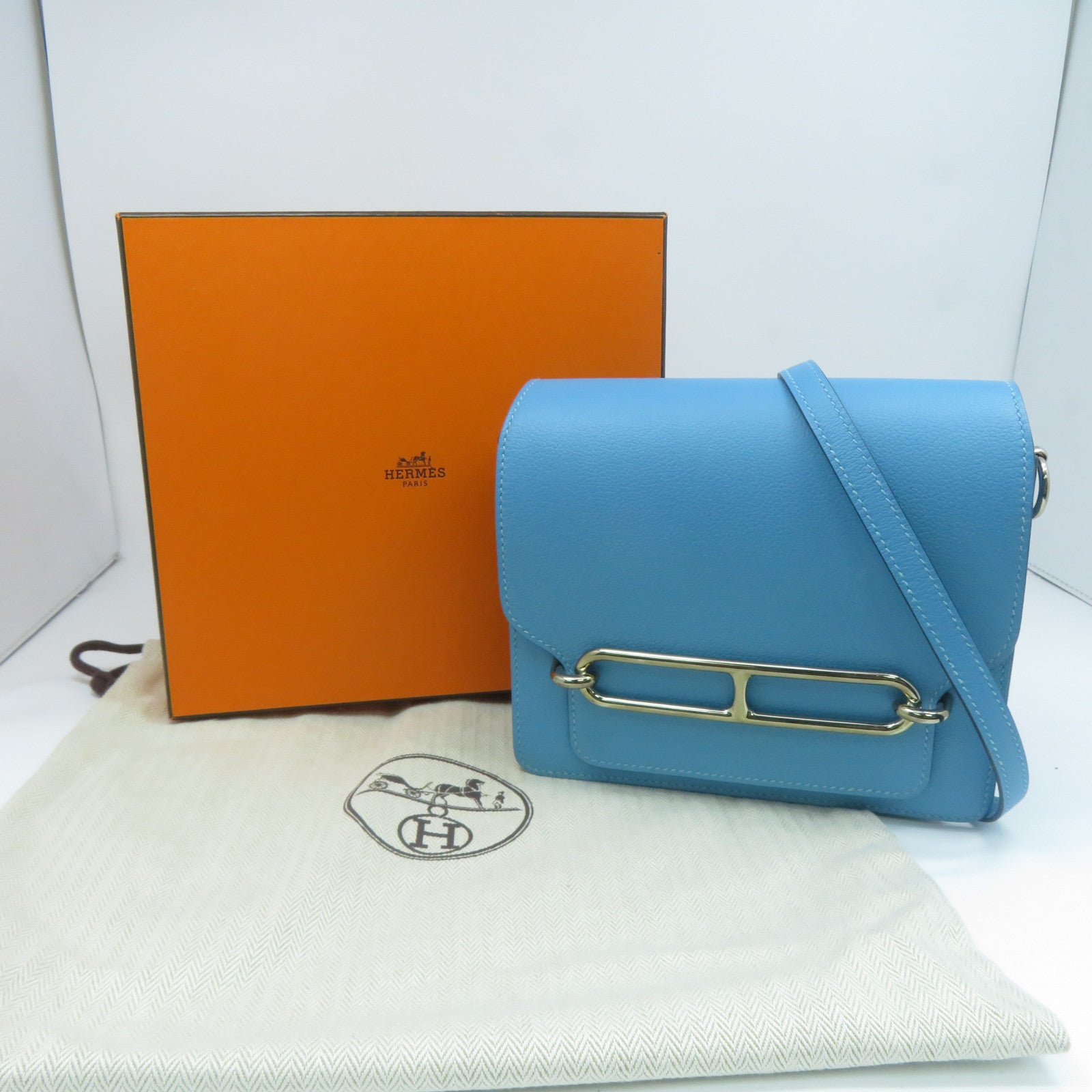 HERMES Evercolor皮革Mini Roulis銀扣肩背袋Bleu Du Nord北方藍色