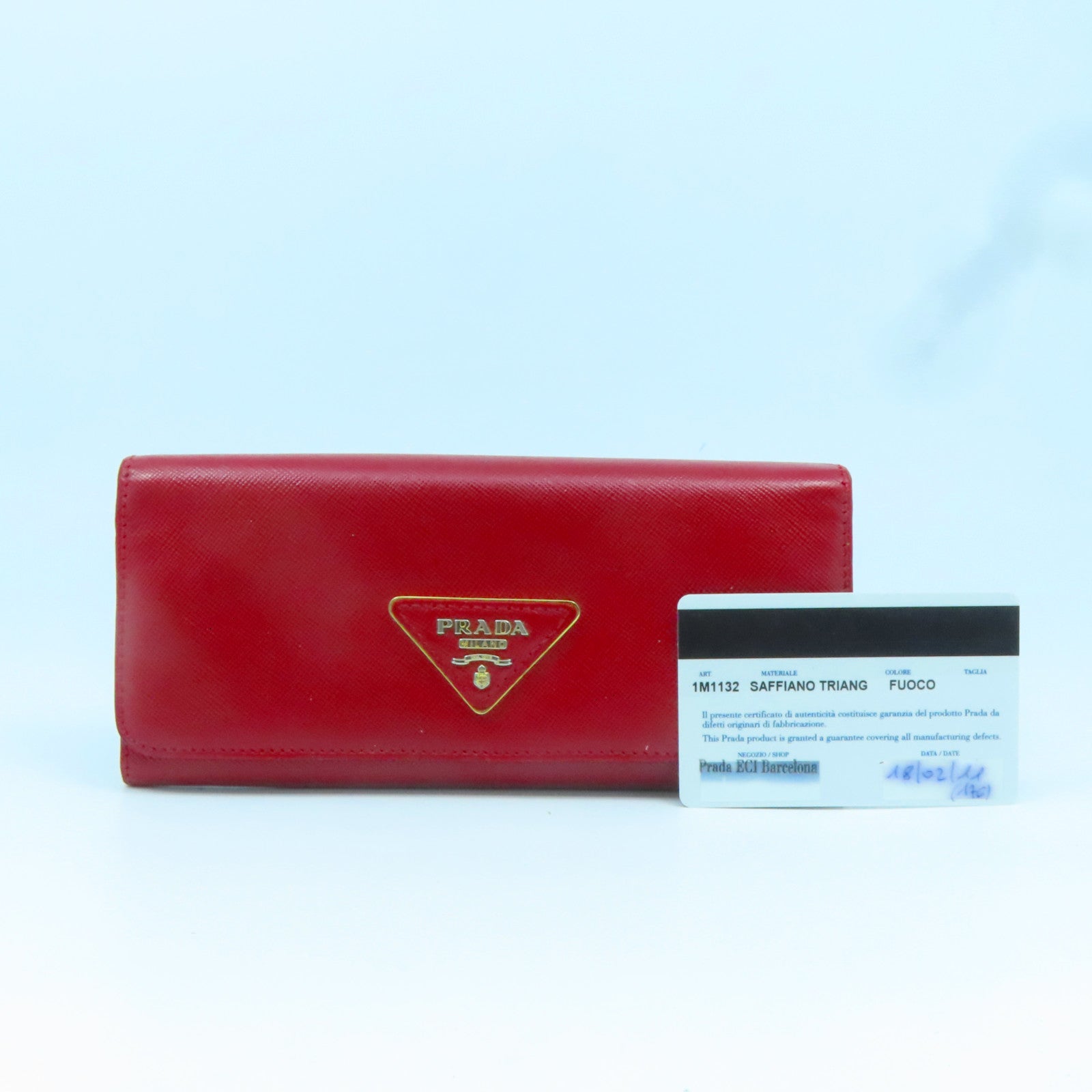 PRADA 【激減優惠】牛皮皮革Wallet金扣長錢包紅色