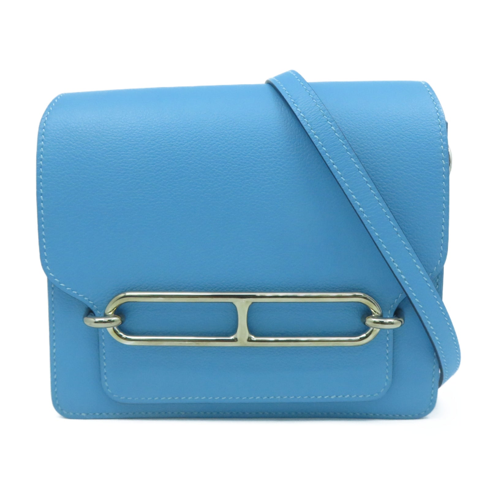 HERMES Evercolor皮革Mini Roulis銀扣肩背袋Bleu Du Nord北方藍色