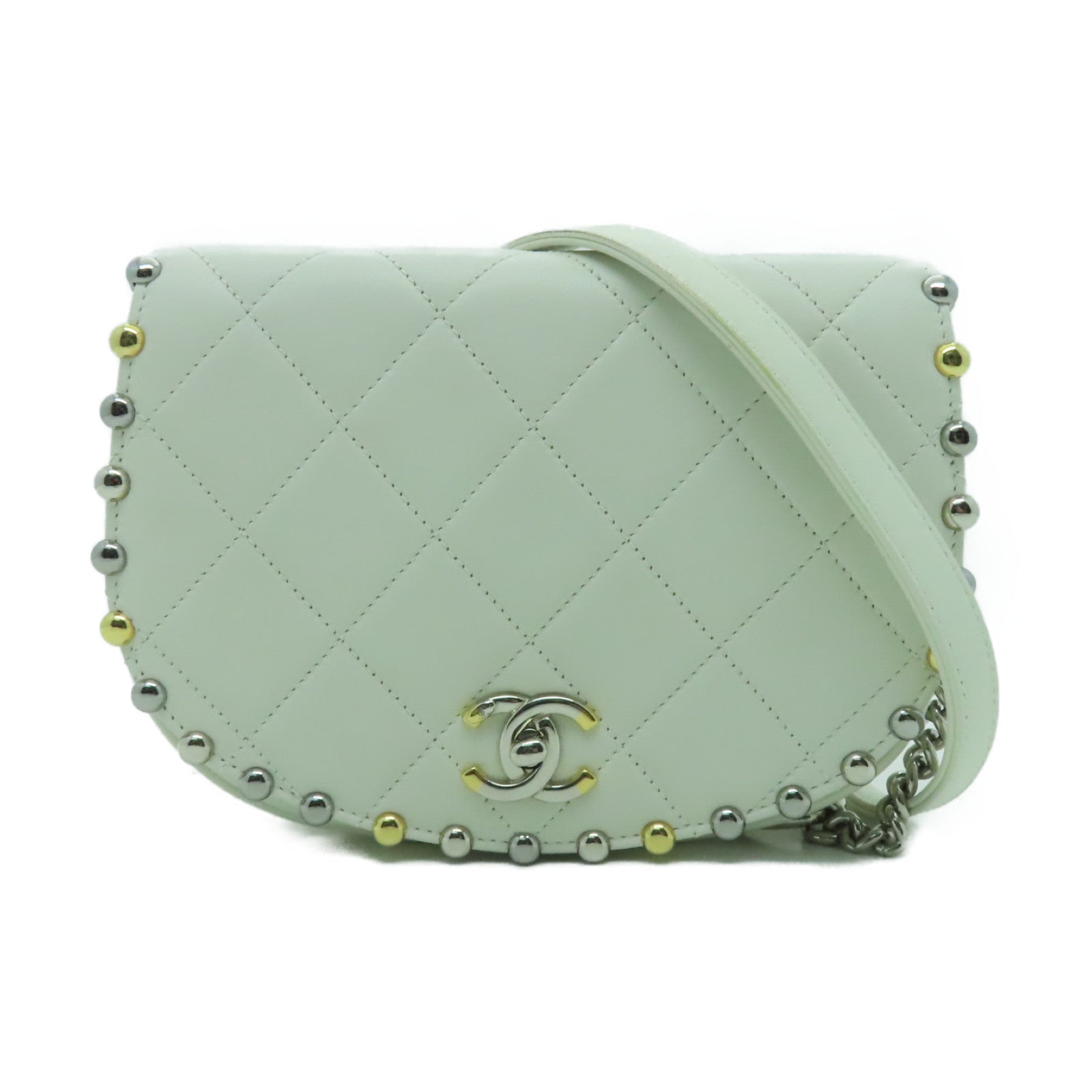 CHANEL 菱格牛皮皮革Bubble Flap Bag金扣/銀扣鏈帶肩背袋白色