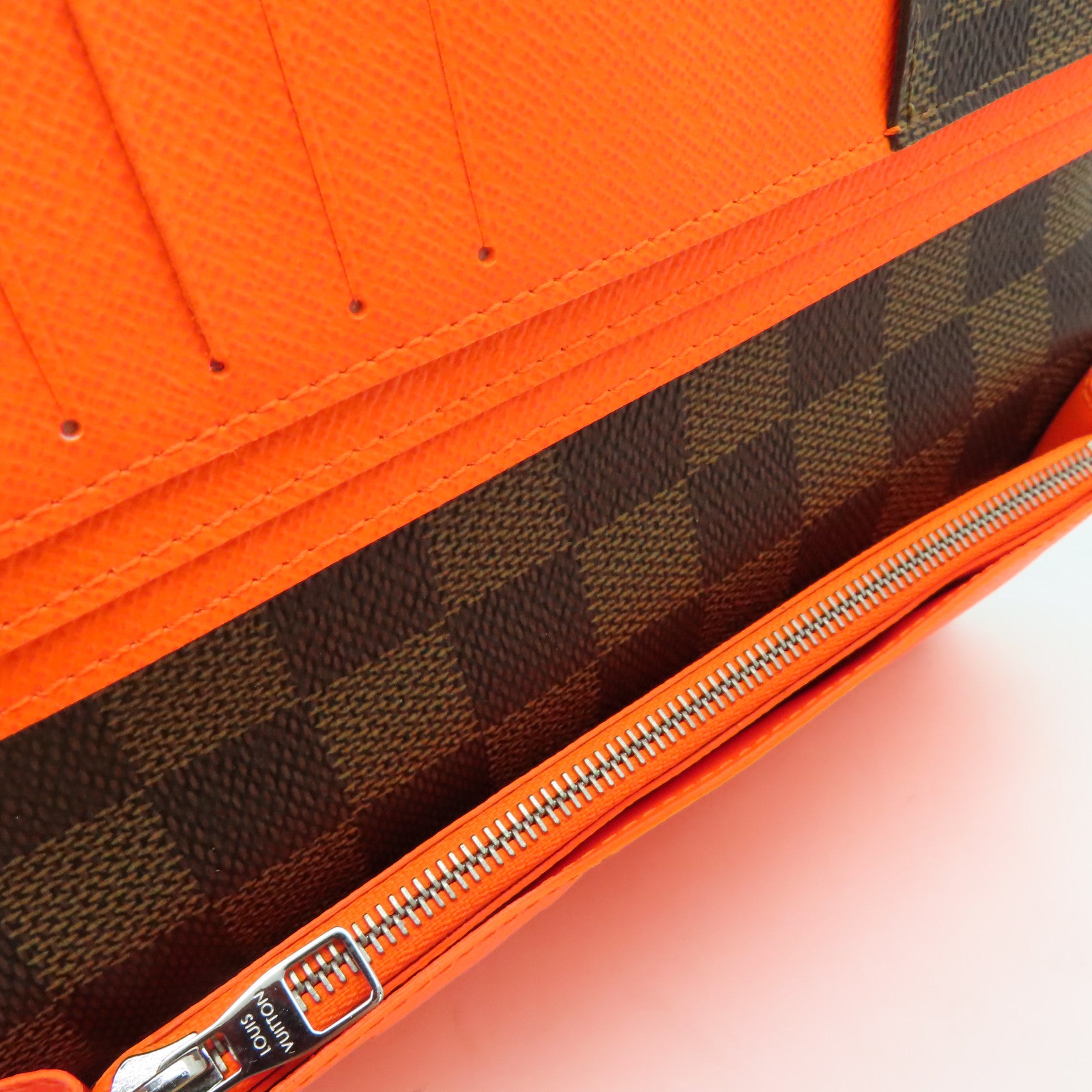 LOUIS VUITTON Damier Portefeuille Brazza Bifold银扣长钱包橙色/啡色