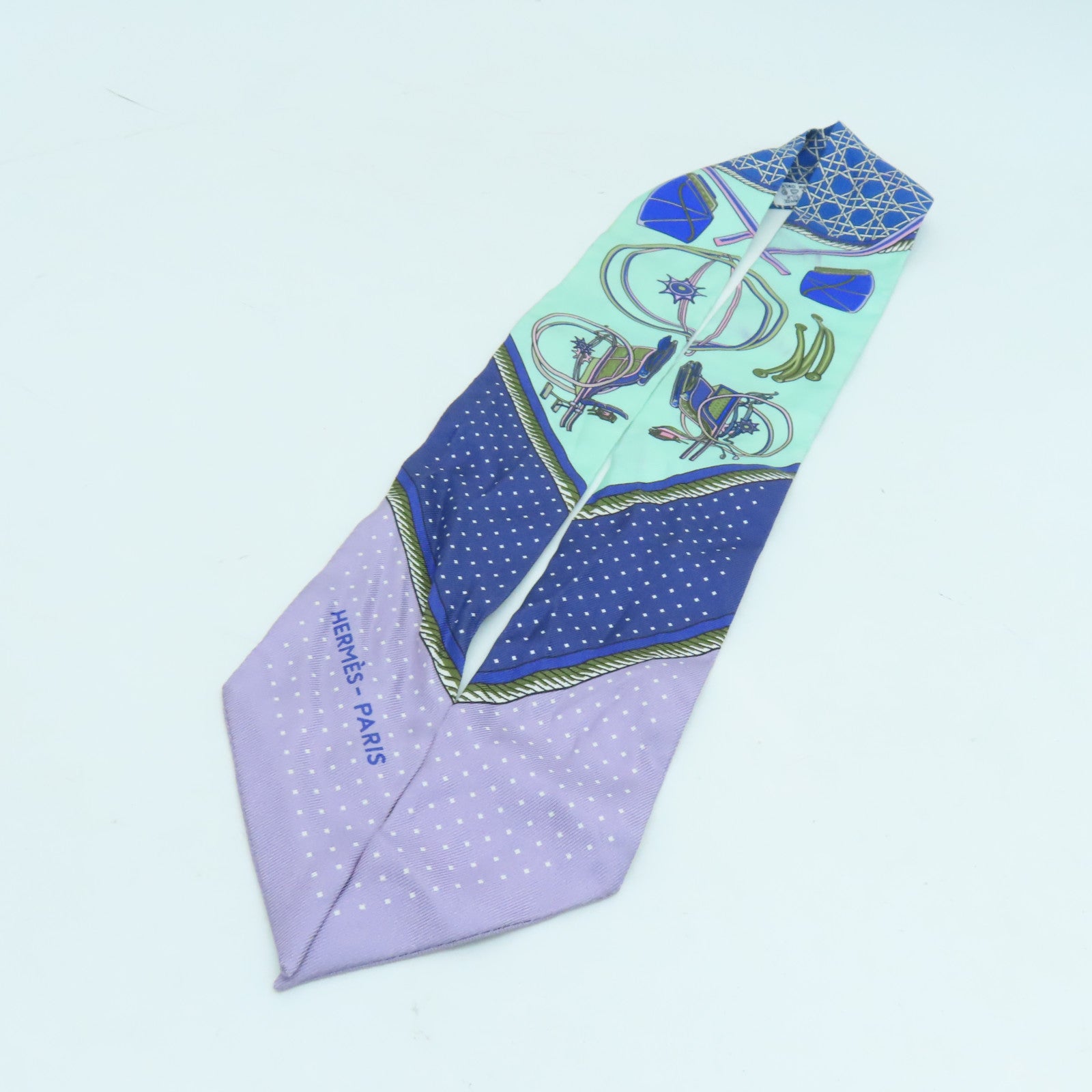 HERMES 絲質Twilly絲巾綠色藍色