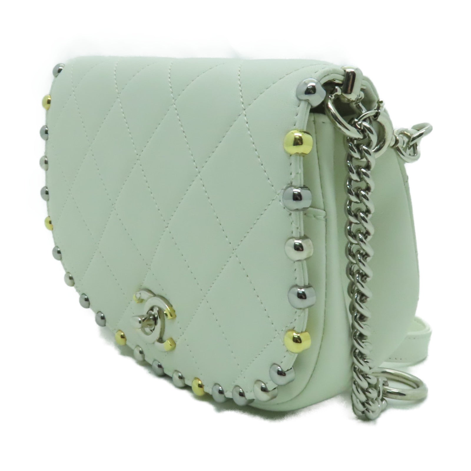 CHANEL 菱格牛皮皮革Bubble Flap Bag金扣/銀扣鏈帶肩背袋白色