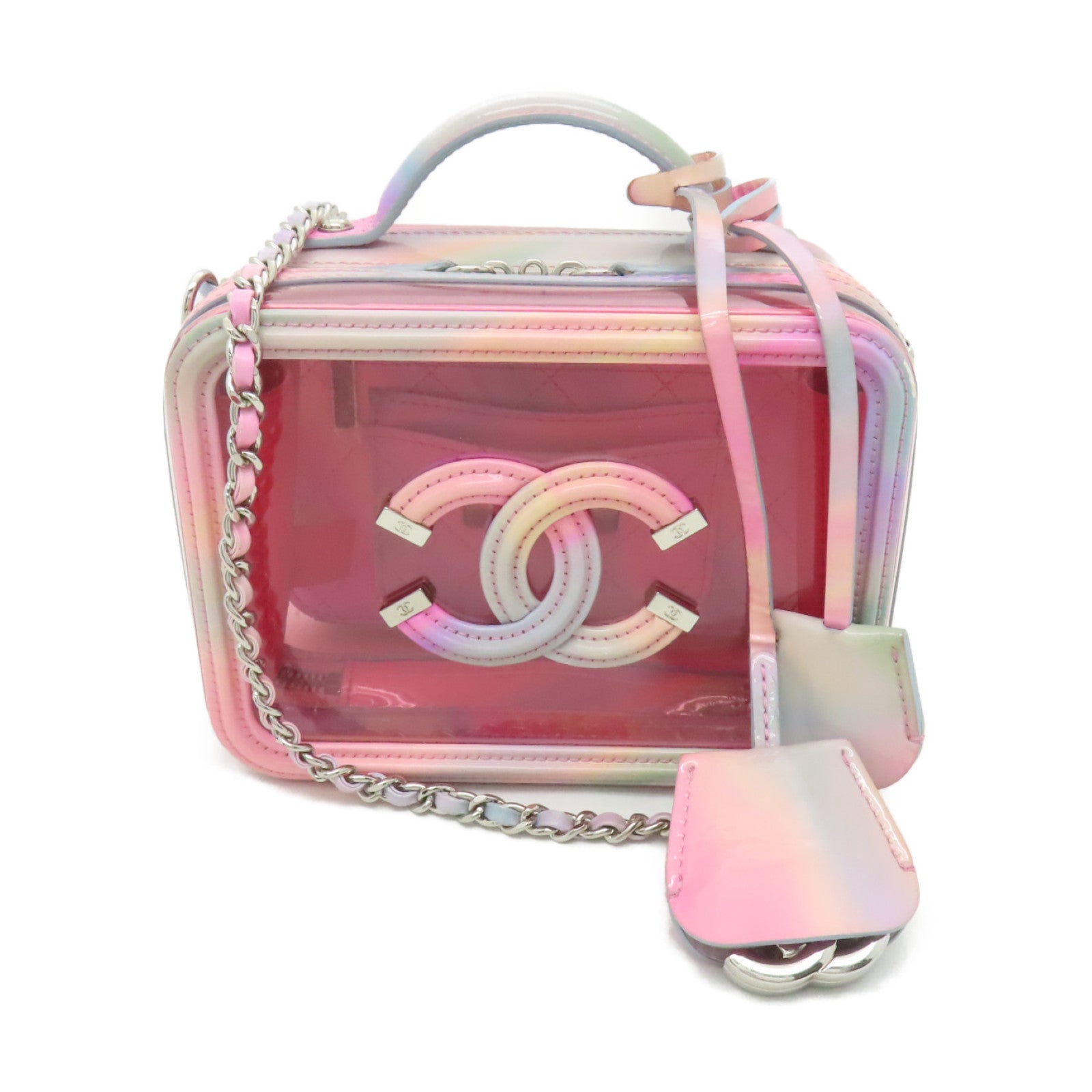 CHANEL PVC Vanity Case銀扣鏈帶手挽肩背兩用袋粉紅色