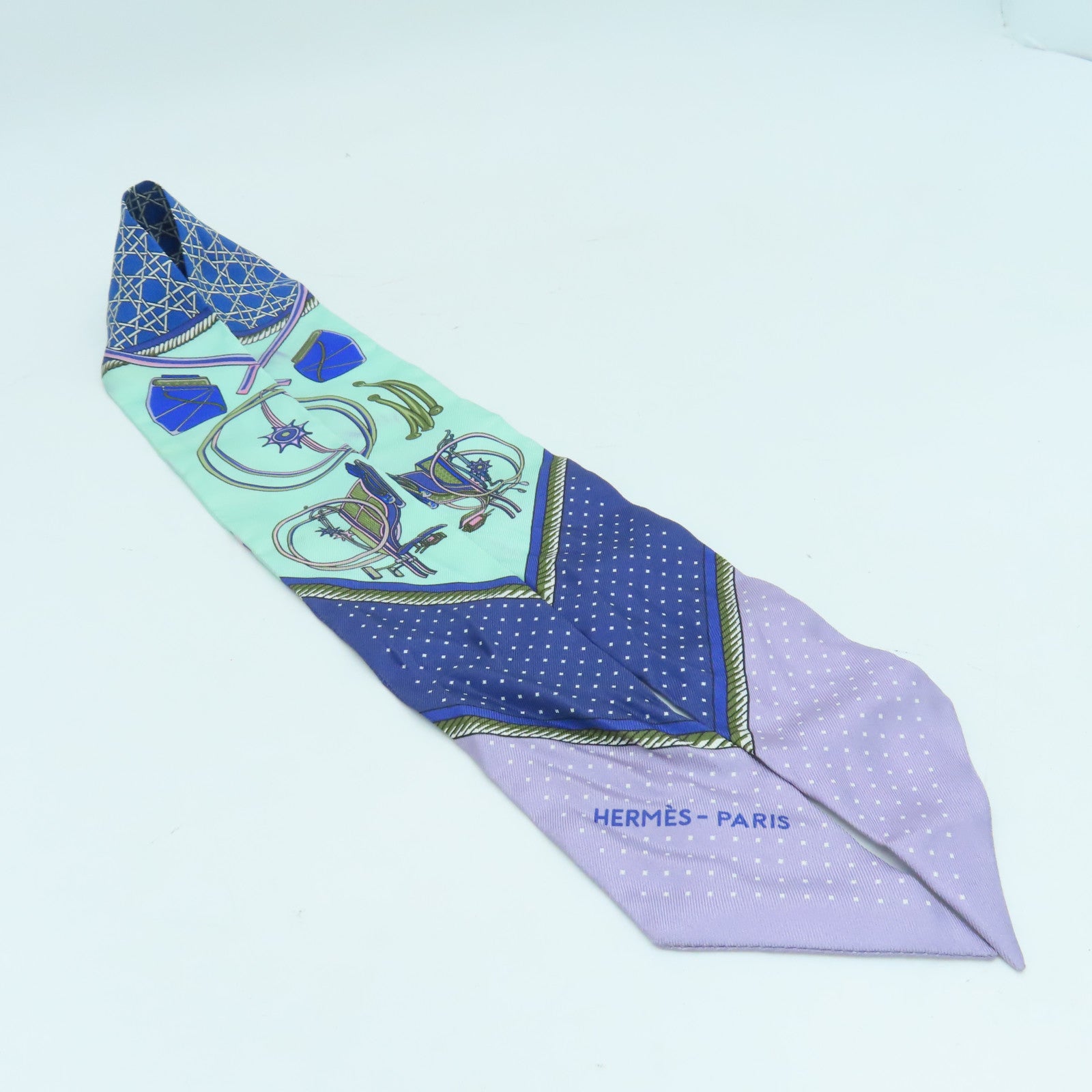 HERMES 絲質Twilly絲巾綠色藍色