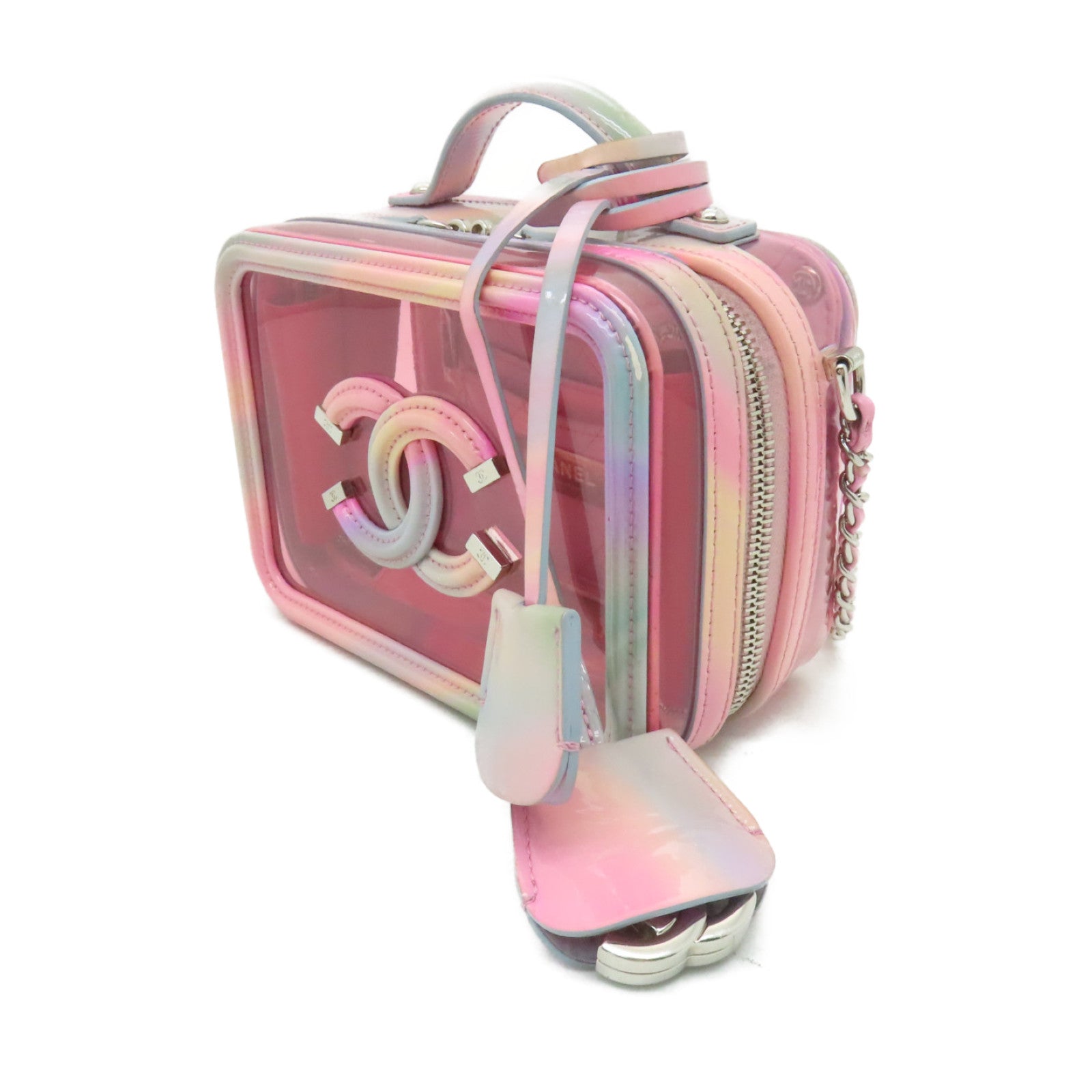 CHANEL PVC Vanity Case銀扣鏈帶手挽肩背兩用袋粉紅色